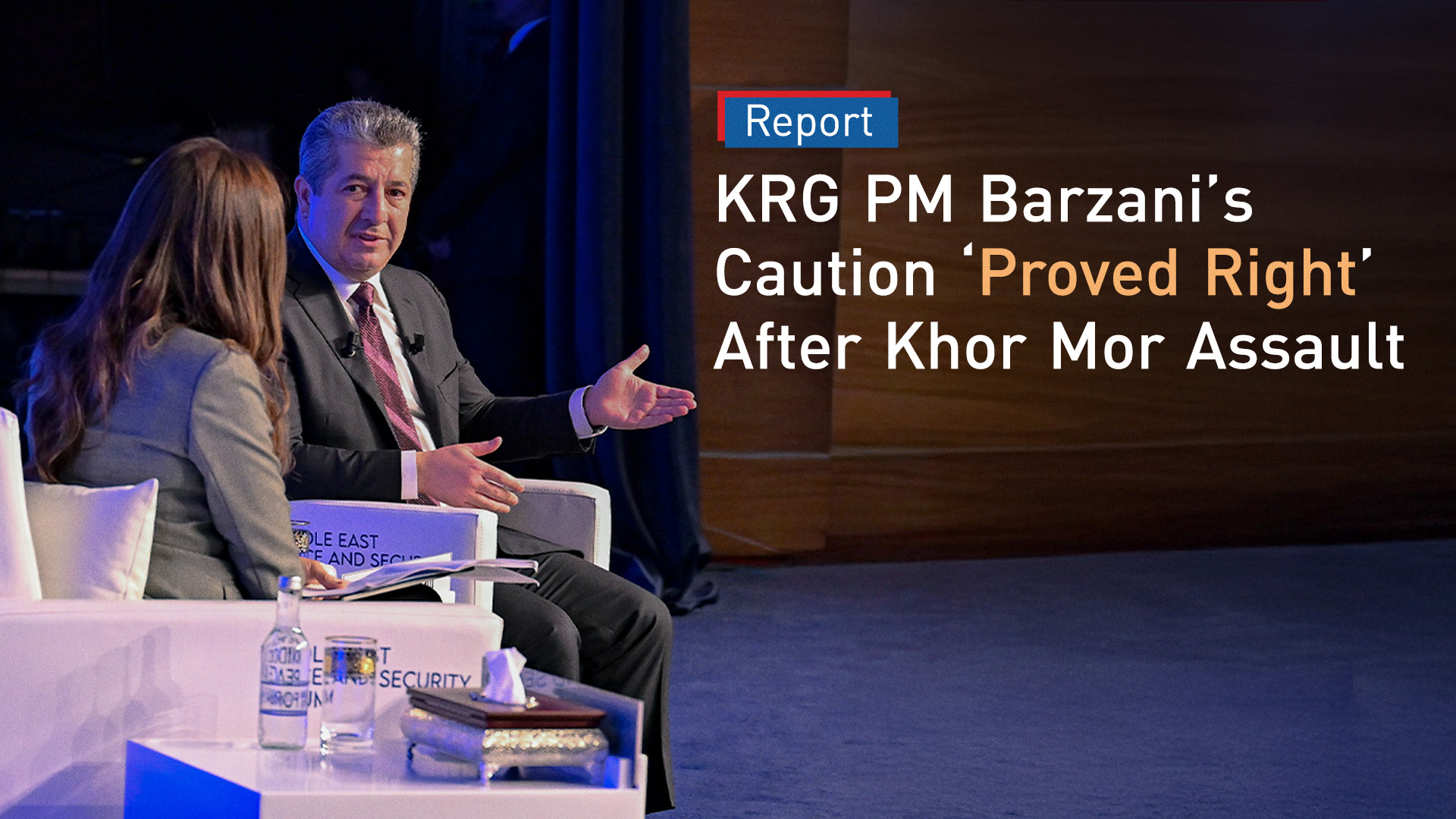 PM Masrour Barzani during his recent interview at the MEPS2025 forum. (Graphics: Kurdistan24)