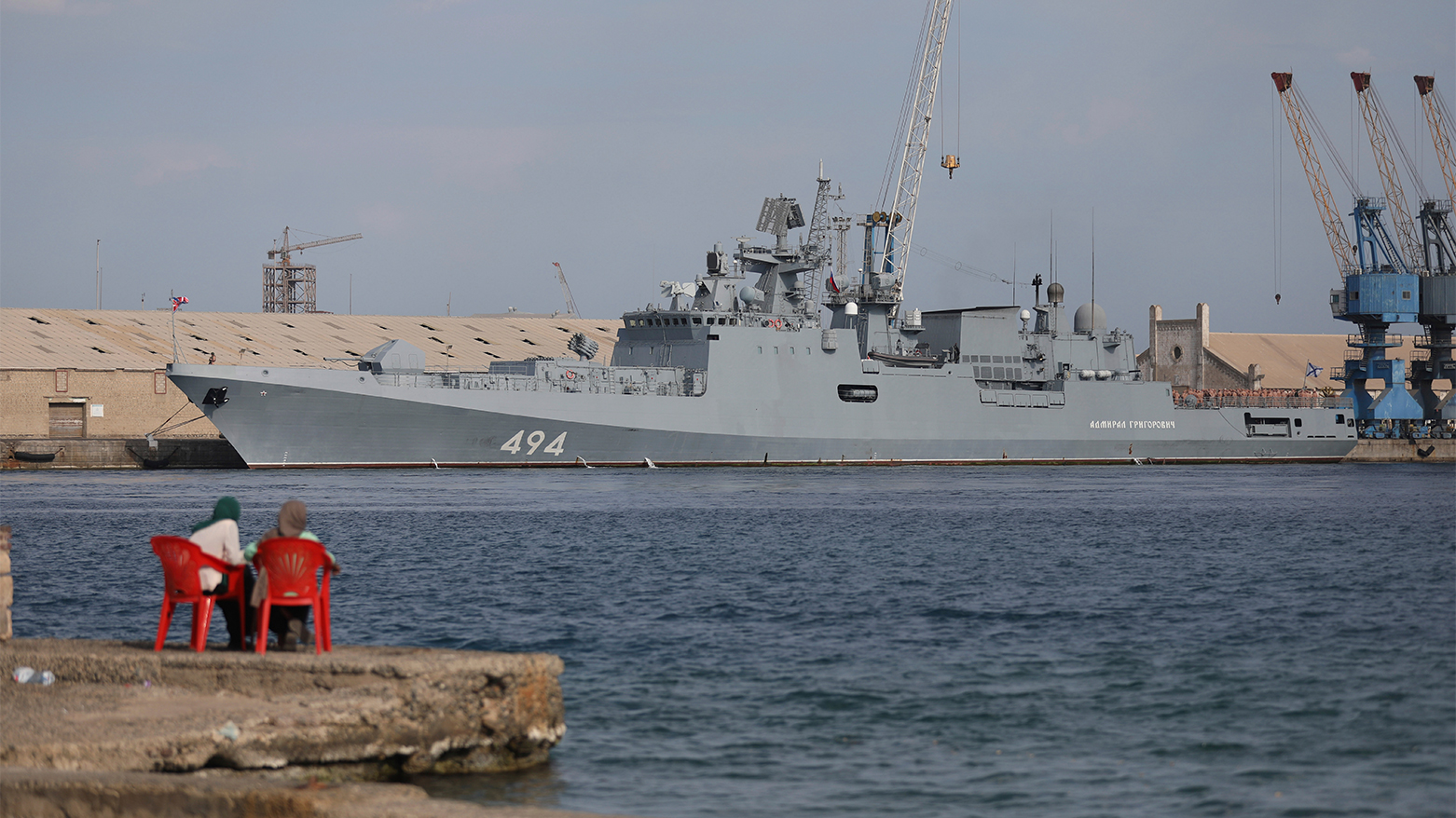 A Russian warship is docked in the Port Sudan, in Port Sudan, Sudan, Sunday, Feb. 28, 2021. (AP)