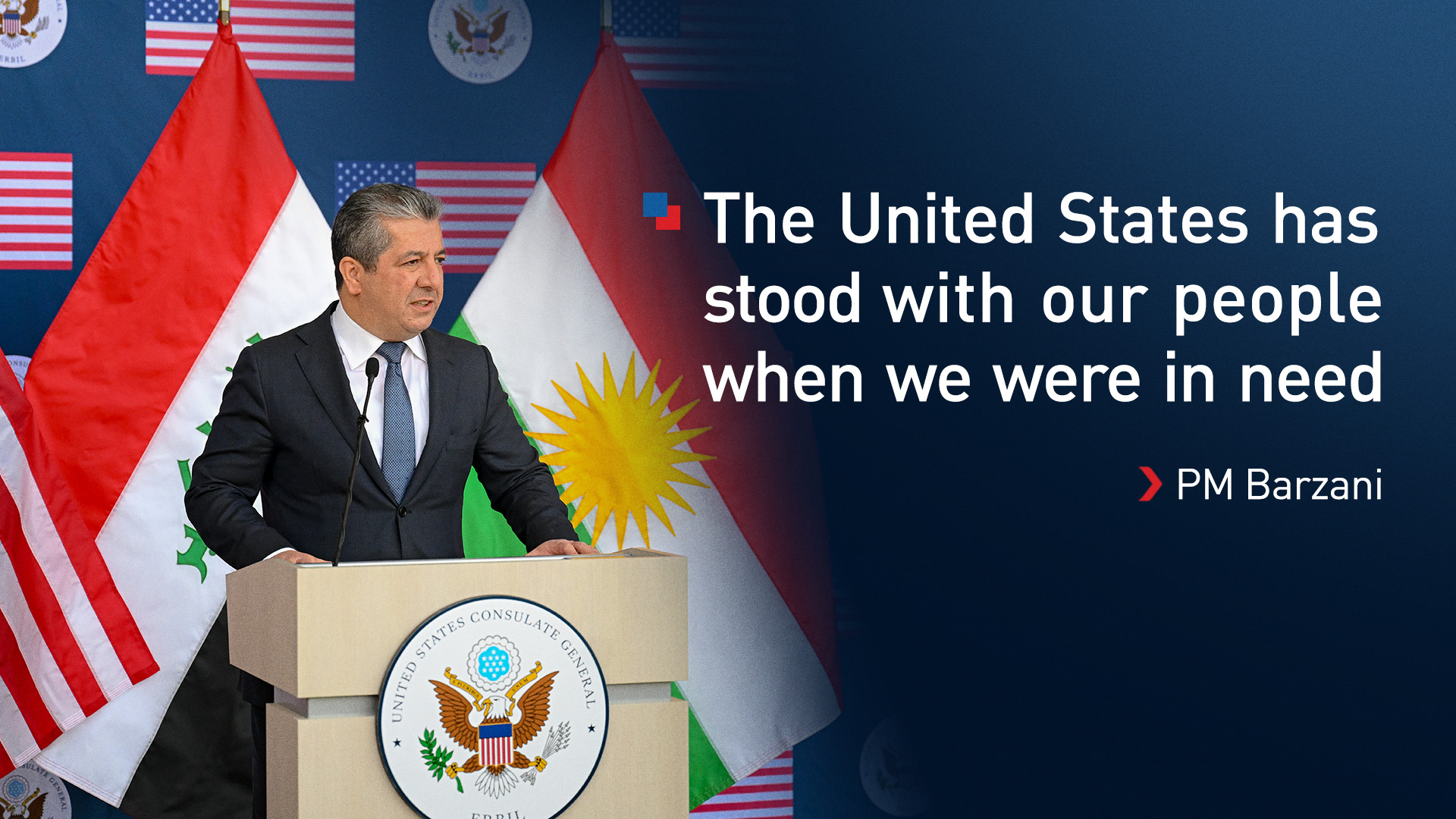 Kurdistan Region Prime Minister Masrour Barzani delivering the speech, Dec. 3, 2025. (Photo: Designed by Kurdistan24)