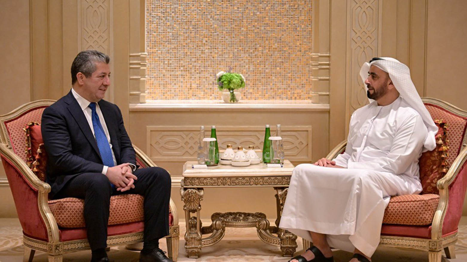 Kurdistan Region Prime Minister Masrour Barzani (left) during his meeting with UAE Deputy Prime Minister and Minister of Interior Saif bin Zayed al-Nahyan, Dec. 4, 2025. (Photo: KRG)