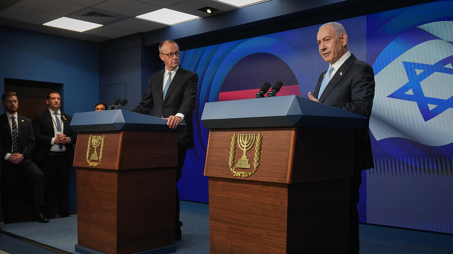 Israeli PM Benjamin Netanyahu (R) speaks during a joint press conference with German Chancellor Friedrich Merz in Jerusalem on Dec. 7, 2025. (AFP)