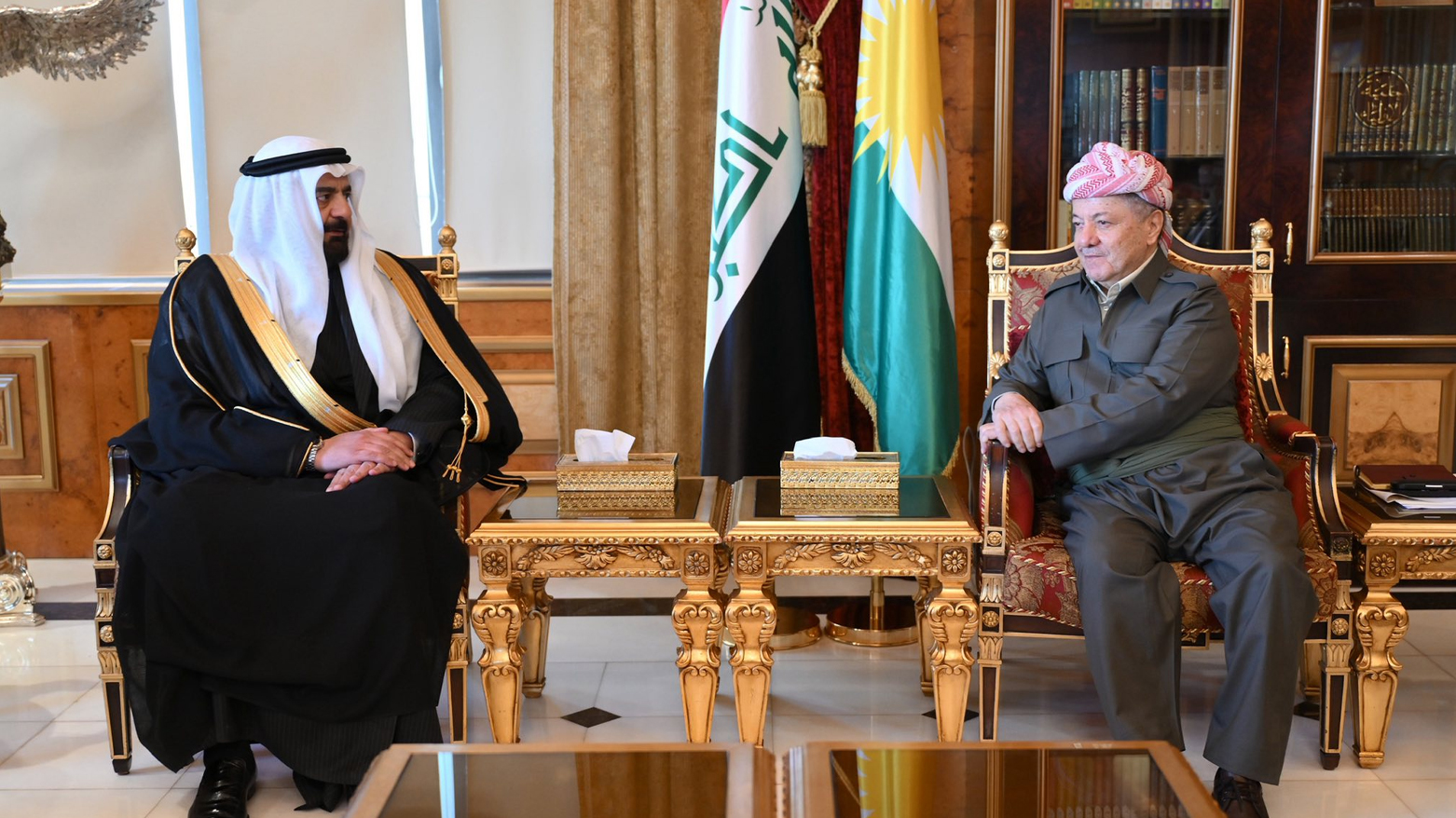 President Masoud Barzani (R), Abdullah Ajil, Head of the Nineveh for its People Party (L), in Pirmam, Kurdistan Region. (Photo: Barzani HQ)