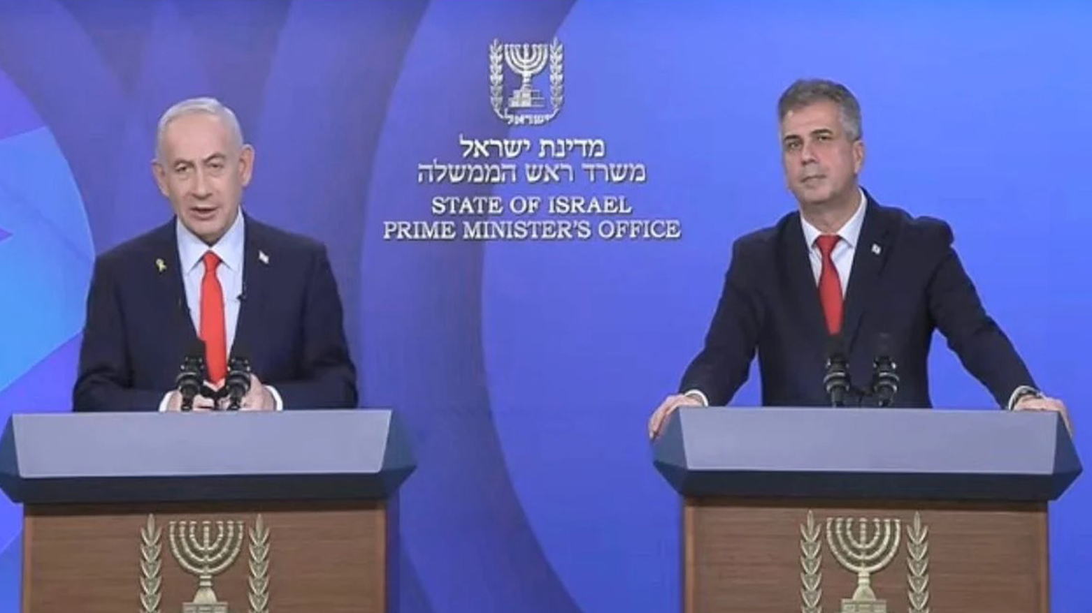 Israeli PM Benjamin Netanyahu, L, in a video statement alongside Energy Minister Eli Cohen, Dec. 17, 2025. (Israel's Energy Ministry)