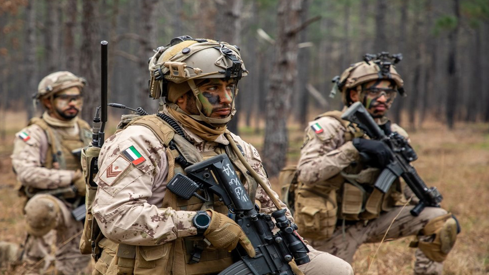 A United Arab Emirates soldier from the 11th Mountain Battalion take a tactical pause during a live fire exercise, Feb. 22, 2023. (UAE)