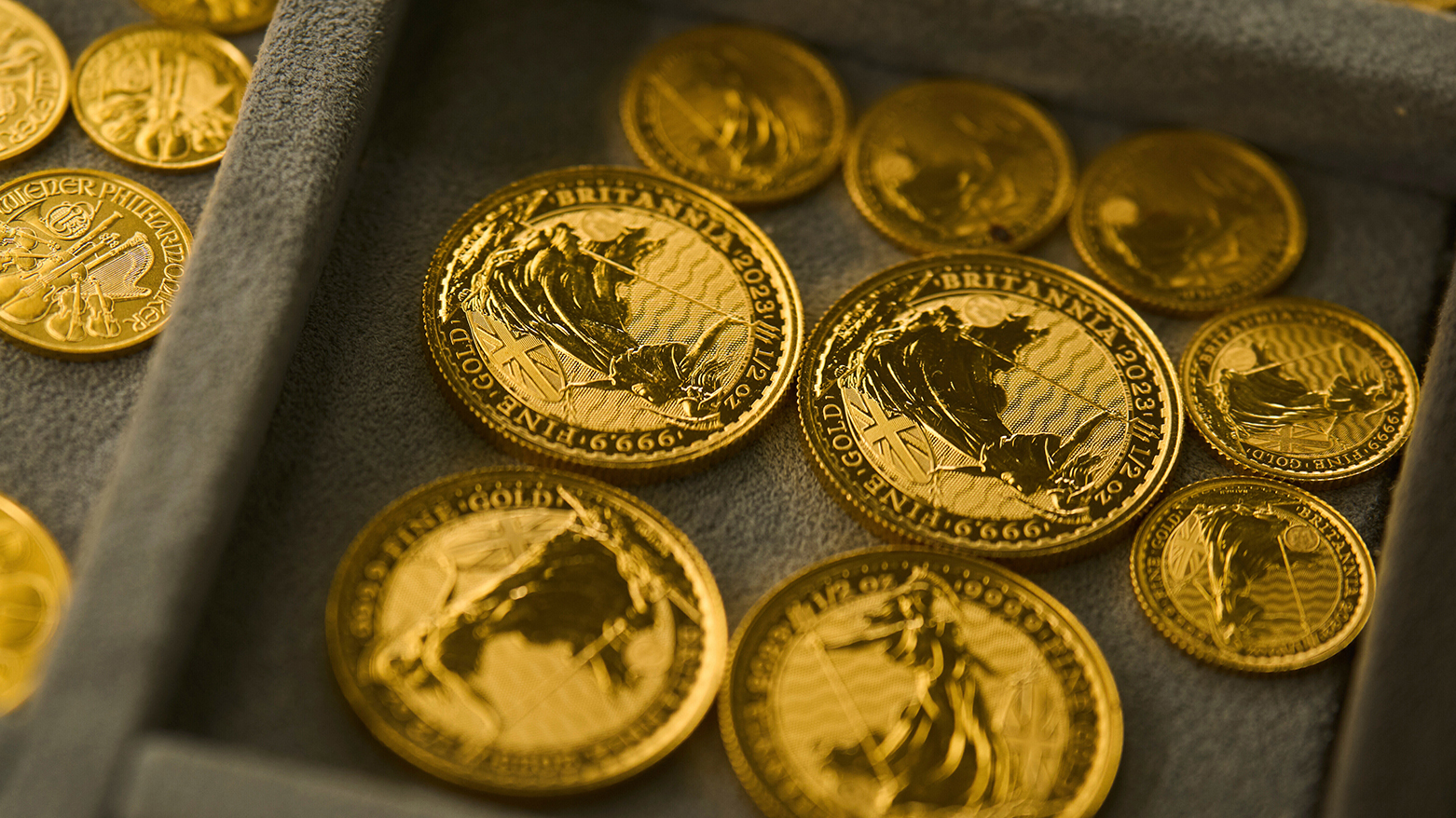 A collection of gold coins is displayed at a shop in the St. Vincent Jewelry Center in the Jewelry District of Los Angeles, April 30, 2025. (AP)