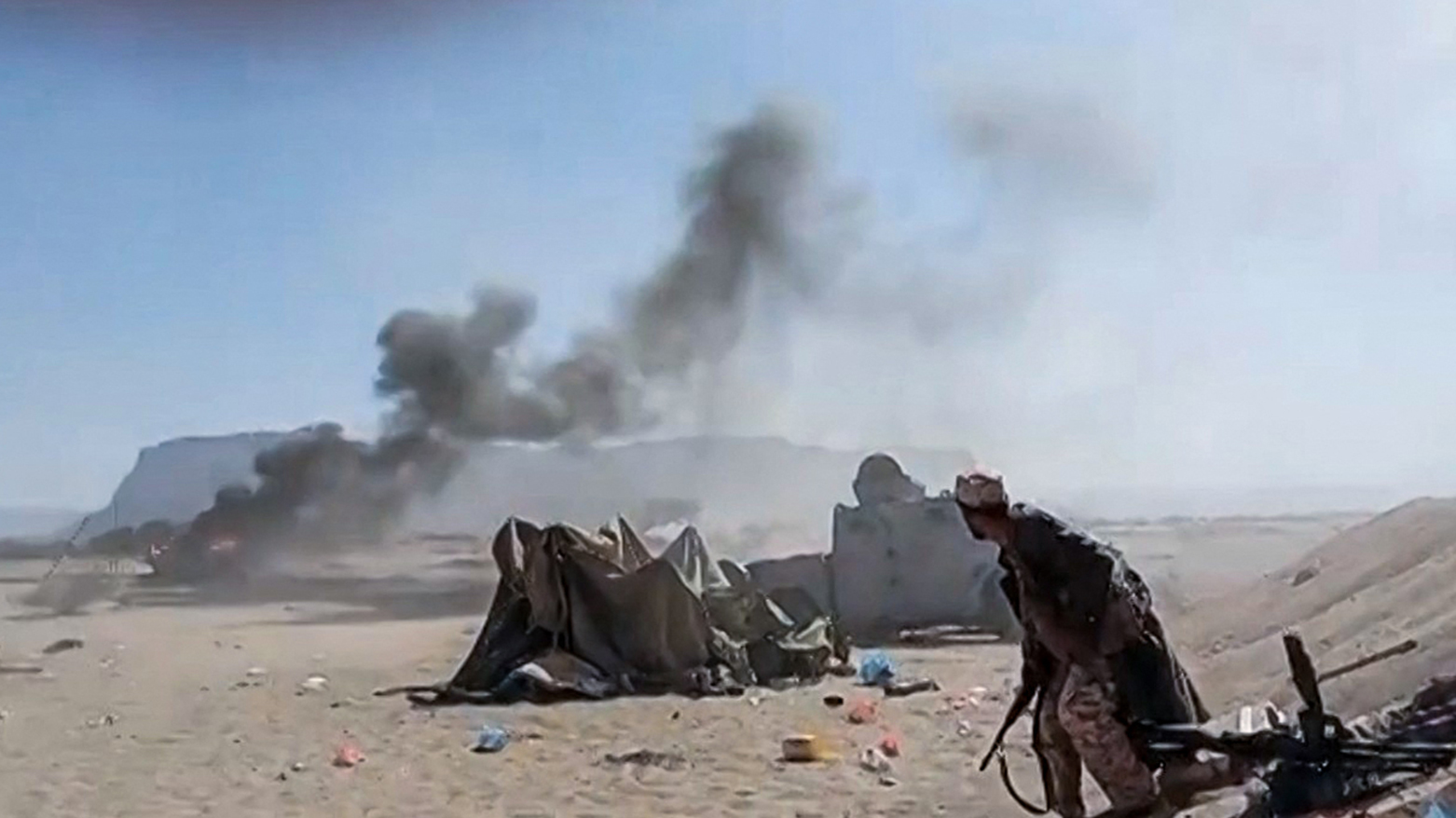 A video grab from January 3, 2026, released by Aden Independent Channel, shows the moment a strike hitting STC forces in Hadhramaut, amid Saudi-led coalition operations against the UAE-backed group. (AFP)