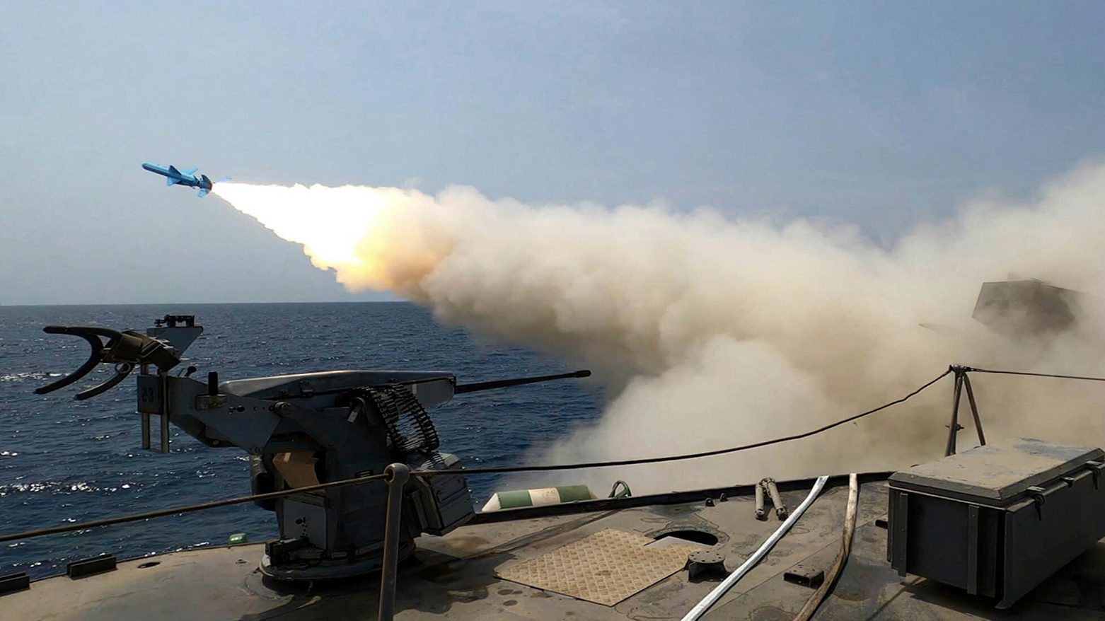 A missile is fired from a vessel during Iranian navy drill in the Gulf of Oman and the Indian Ocean, Aug. 21, 2025. (AP)