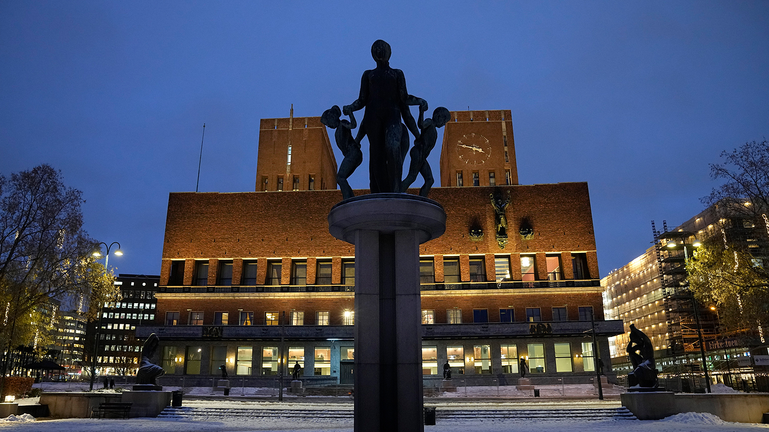 An exterior view of Oslo City Hall the venue of the Nobel Peace Prize ceremony in Oslo, Norway, Thursday, Dec. 9, 2021. (AP)