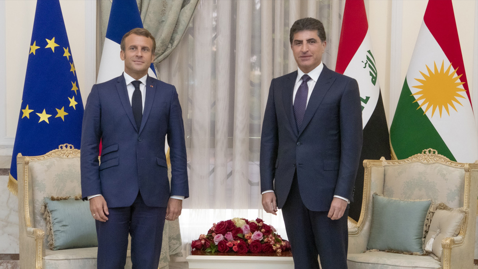 Kurdistan Region President Nechirvan Barzani, R, French President Emmanuel Macron, Baghdad, Iraq, Sept. 2, 2020. (Kurdistan Presidency)