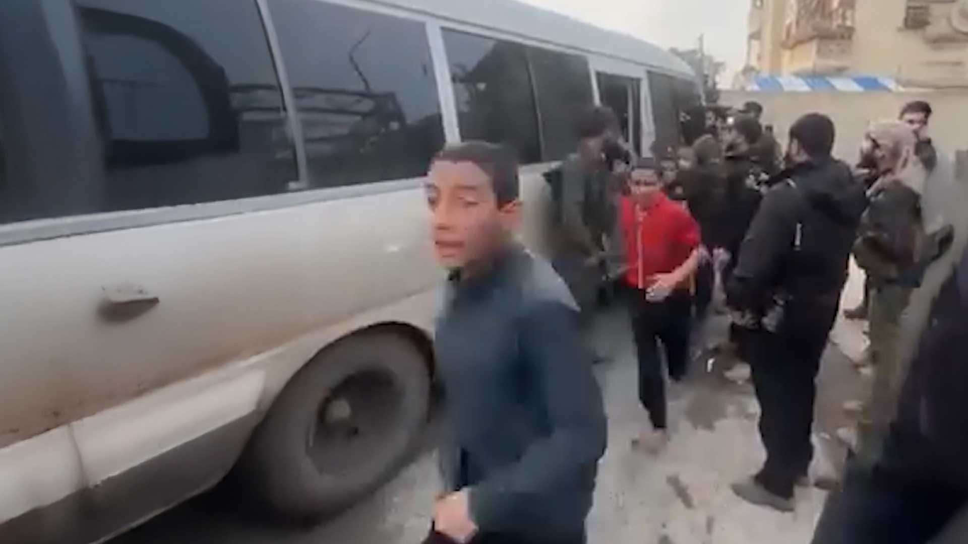 A photo taken from a video showing the Syrian security forces release juveniles detainees linked to the Islamic State (ISIS) from al-Aqtan Prison in the city of Raqqa, Jan. 24, 2026. (Video: Local Syrian Media)