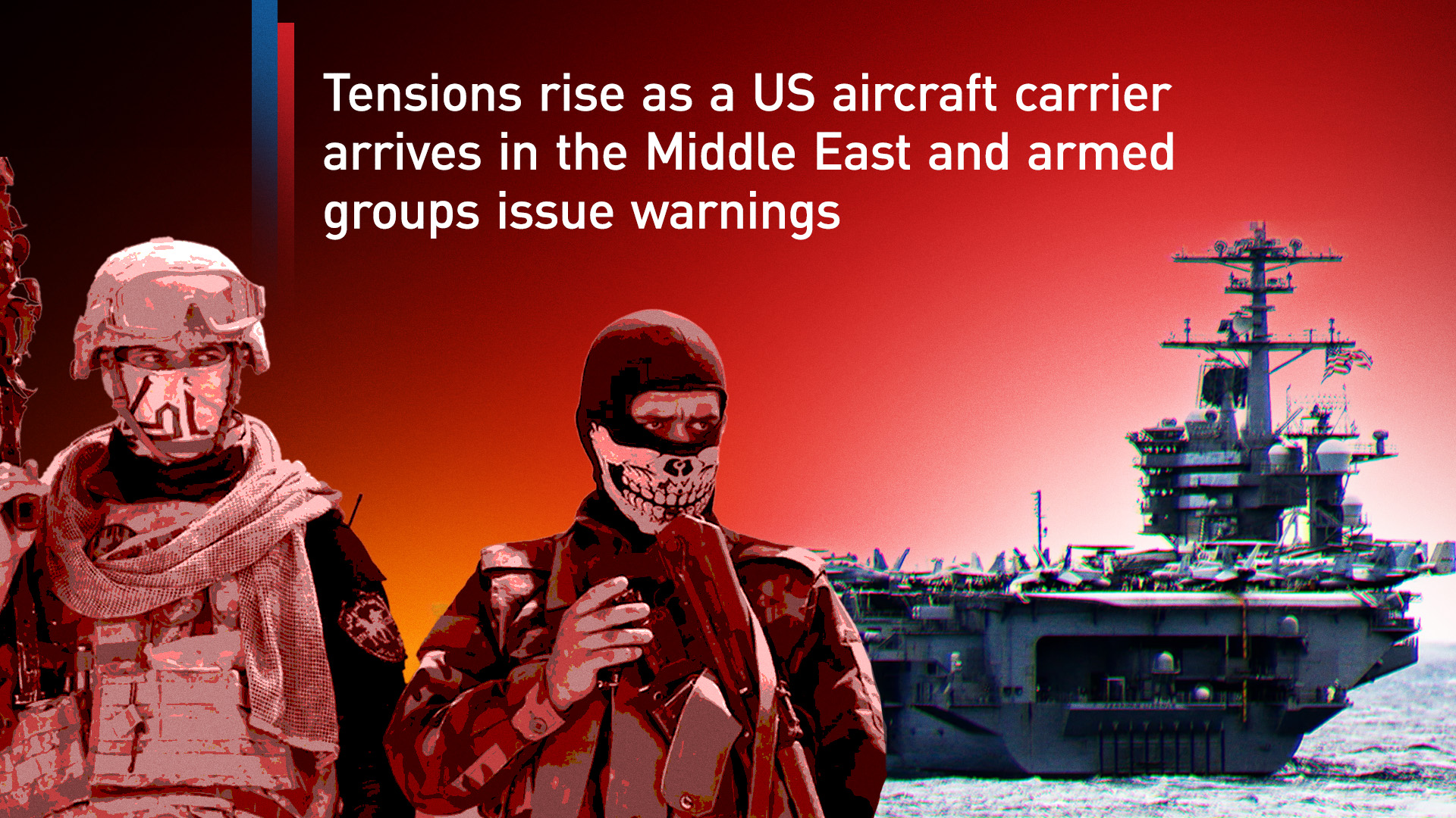 Graphics illustration showing the presence of a US aircraft carrier in Gulf waters alongside regional militia groups amid rising tensions. (Graphics: Kurdistan24)