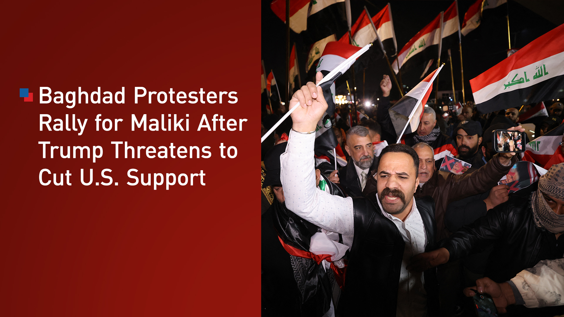 Iraqis raise their flags during a protest at the entrance to the Green Zone in Baghdad, Iraq, Jan. 28, 2026. (Photo: AFP)