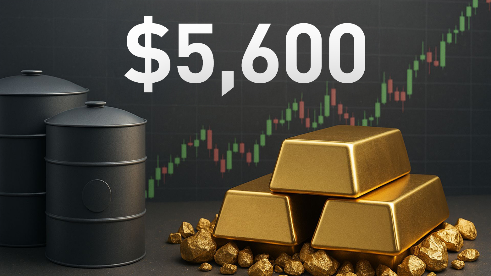 Gold bars and oil barrels are displayed as gold prices hit a record near $5,600 amid rising geopolitical tensions and market uncertainty. (Graphics: Kurdistan24)