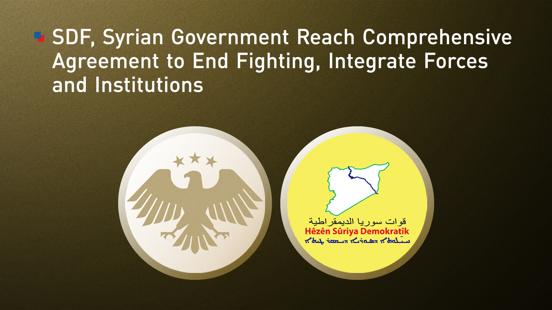 The logo of the Syrian Democratic Forces (right) and the Syrian government. (Photo: Designed by Kurdistan24)