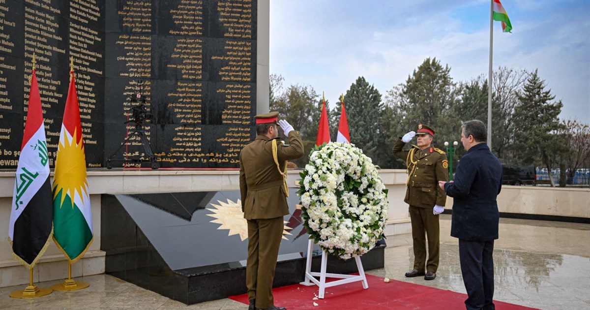 PM Barzani laid a wreath in Erbil Sunday to honor 101 victims of the 2004 suicide attacks on KDP and PUK HQs, Feb. 1, 2026. (Photo: Kurdistan24)