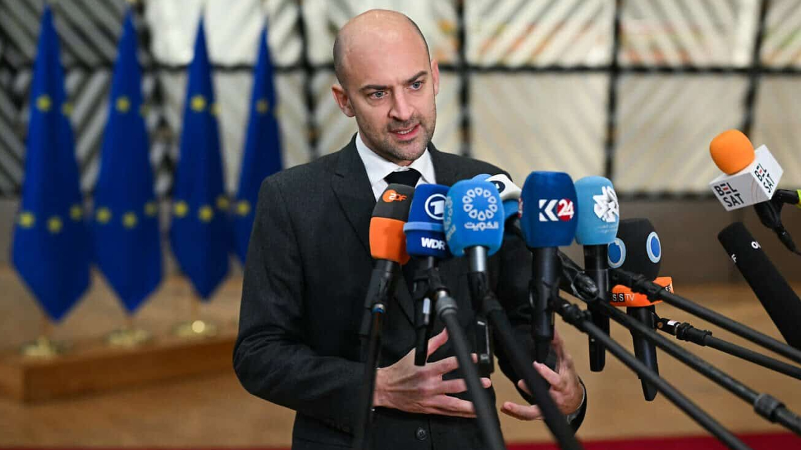 France's Foreign Affairs Minister Jean-Noel Barrot speaks to the press as he arrives for a Foreign Affairs Council meeting at the EU headquarters in Brussels, on Nov. 20, 2025. (AFP)