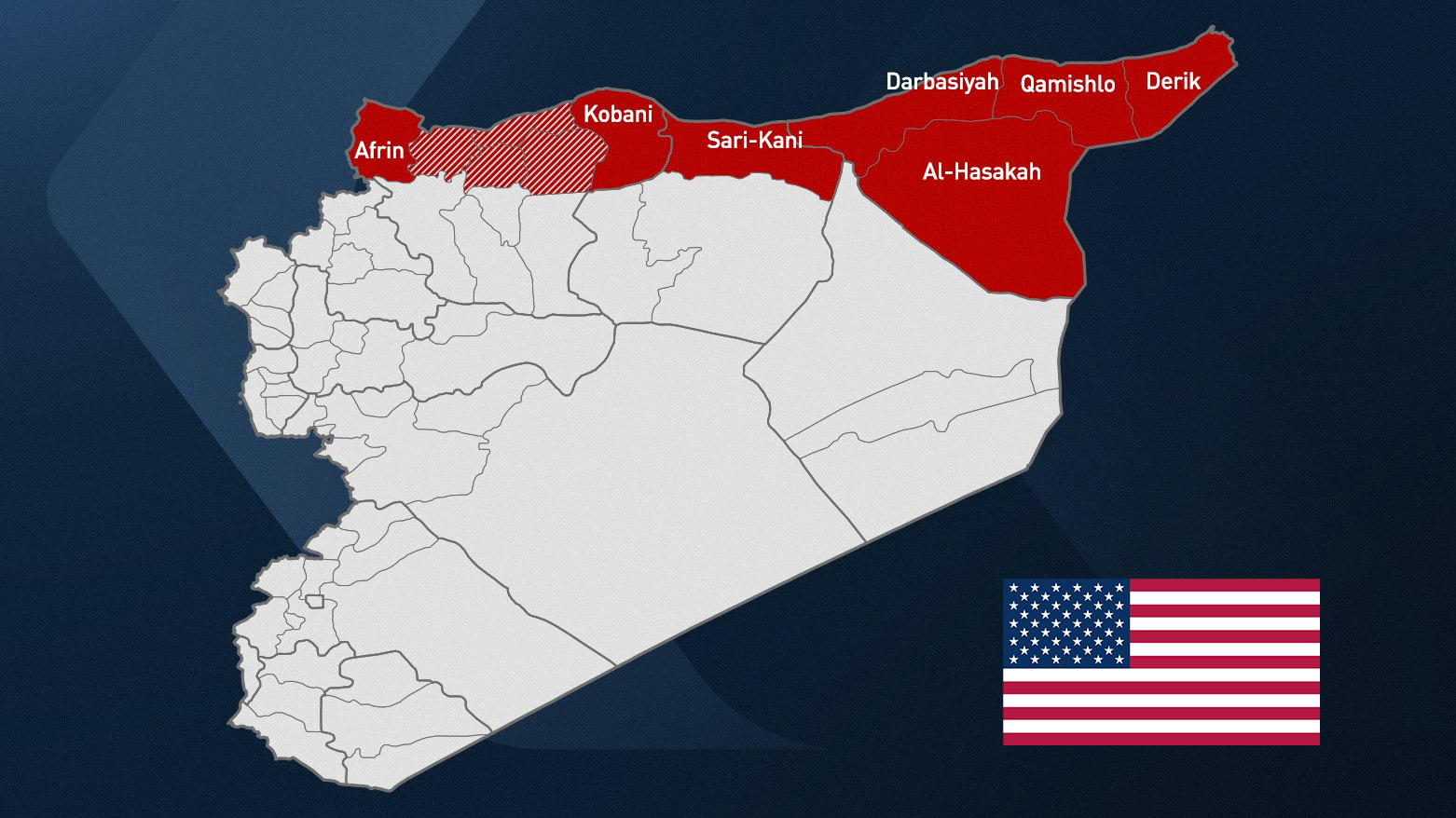 Map of Syria with Western Kurdistan highlighted in red and the American flag (R). (Graphic: Kurdistan24)
