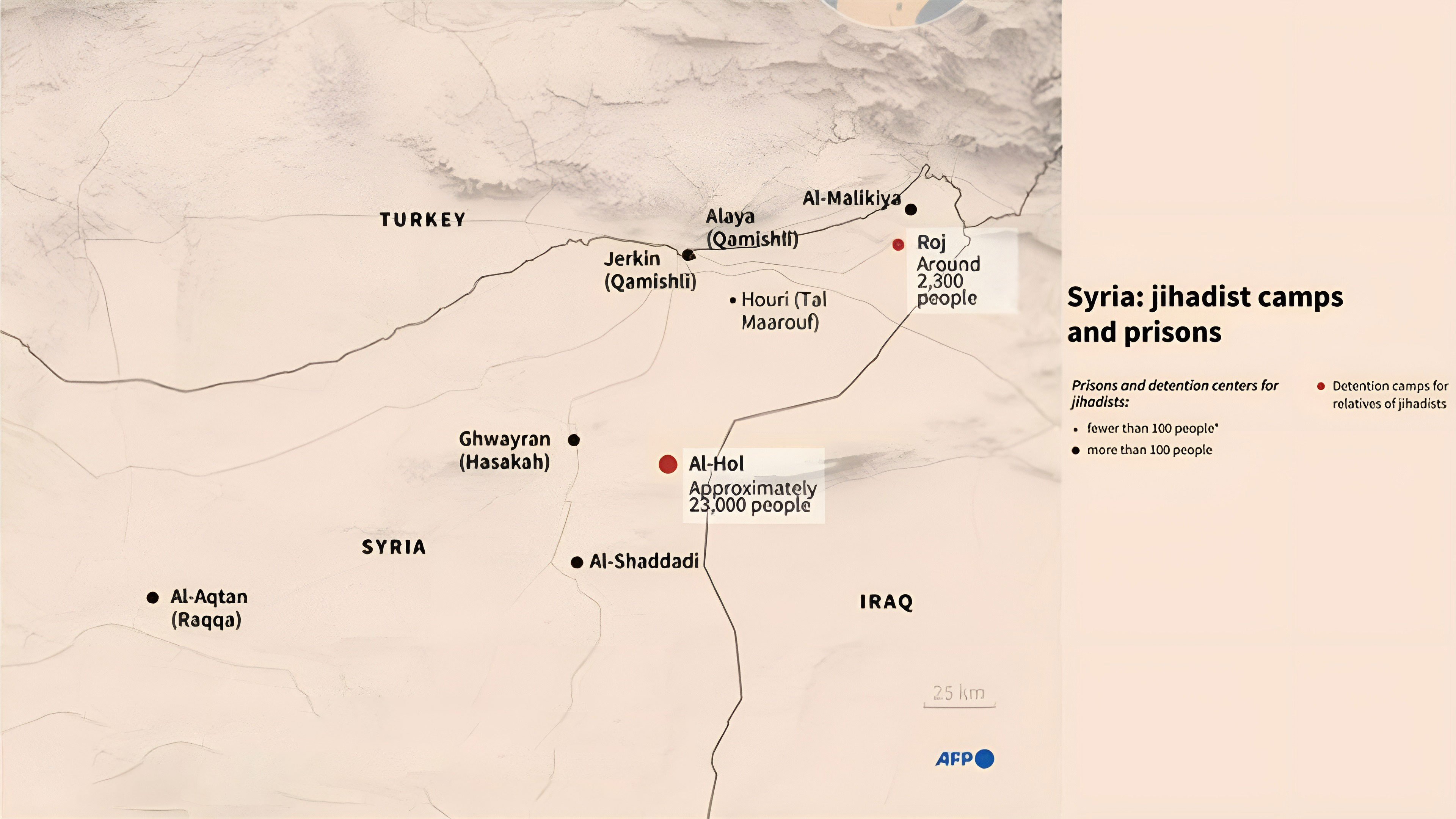 Infographic with a map showing the location of detention camps for relatives of jihadists and prisons for jihadists in northern Syria, based on data collected by ISW between May 2024 and Jan. 2026. (AFP)