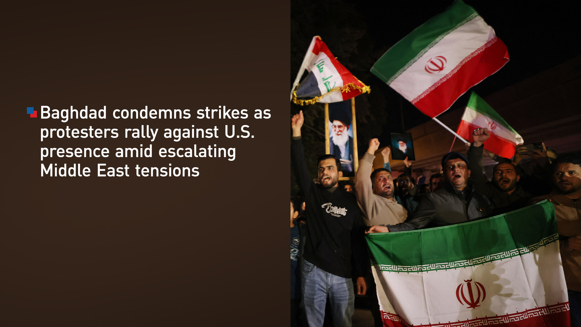 Demonstrators wave Iranian flags and banners of armed factions while carrying portraits of Iran’s Supreme Leader Ayatollah Ali Khamenei and the flag of Kataib Hezbollah during a protest near Baghdad’s Green Zone, Feb. 28, 2026. (Kurdistan24)