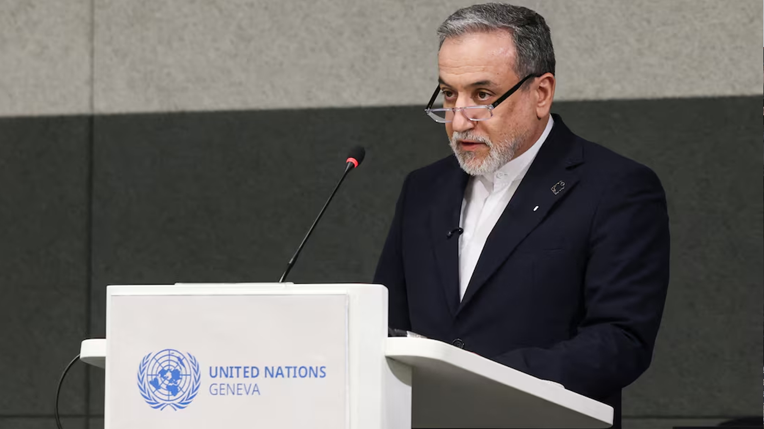 Iran's Foreign Minister Abbas Araghchi delivers a speech during a session of the United Nations Conference, in Geneva, on Feb. 17, 2026. (AFP)