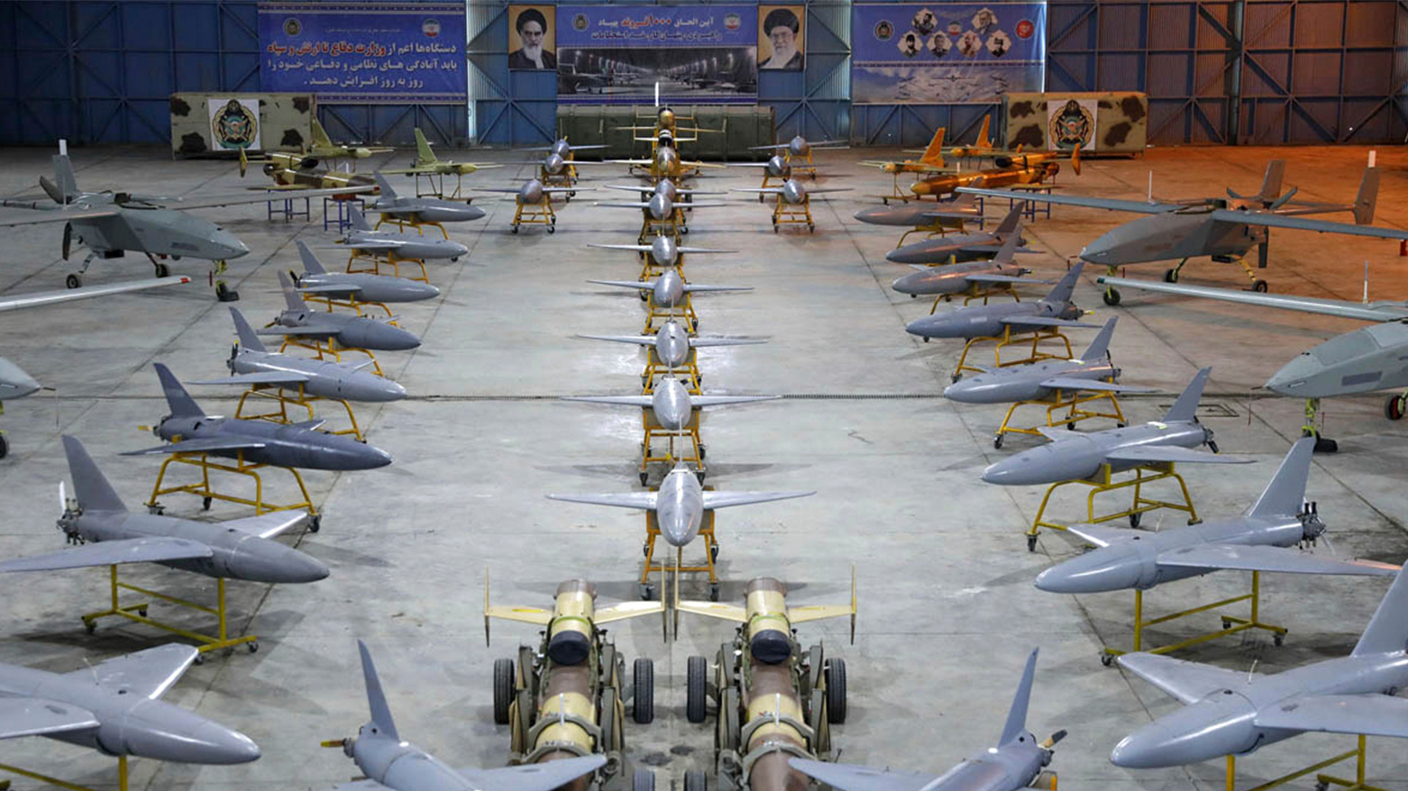 Photo shows Iran's domestically-built drones are displayed in a ceremony to deliver the drones to the army in an undisclosed location in Iran, Jan. 13, 2025. (Iranian Army via AP)