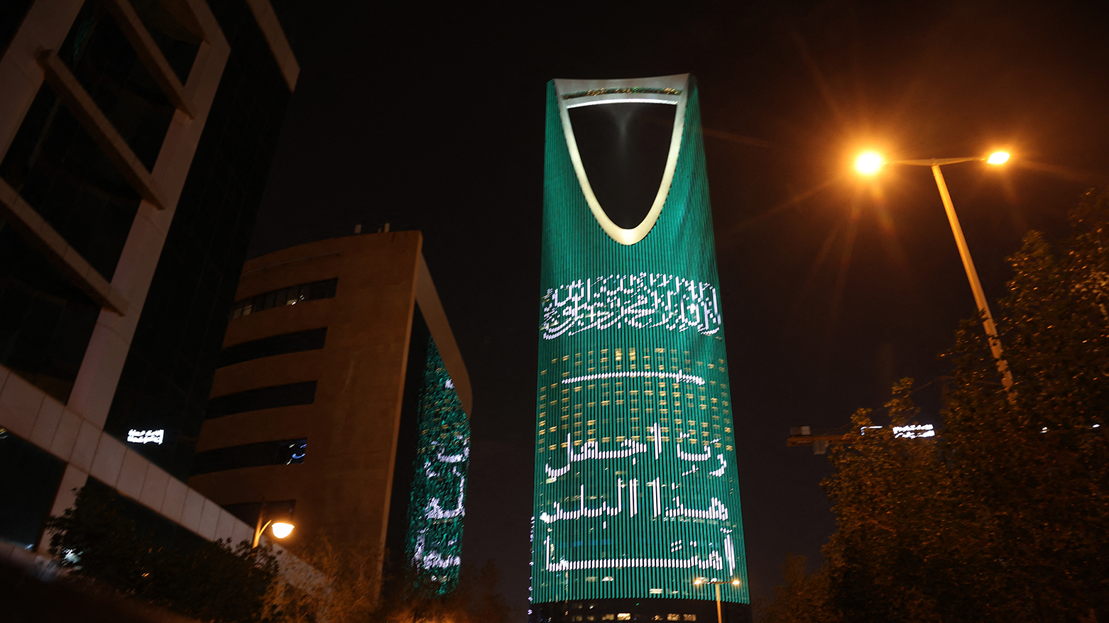 The Kingdom skyscraper is lit with text tat reads, 'Lord, make this country safe' in the Saudi capital Riyadh on March 3, 2026. (AFP)