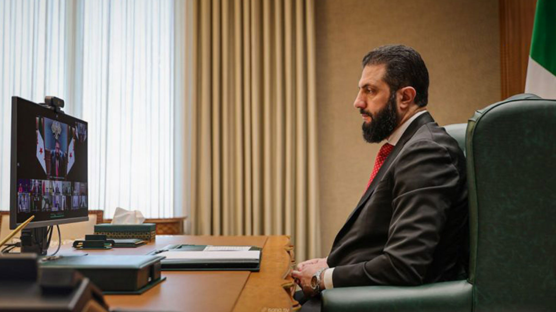 Syrian President Ahmed Al-Shara participates in a video conference on March 9, 2026, with Arab and European leaders to discuss ongoing conflicts and efforts to reduce tensions in the Middle East. (SANA)