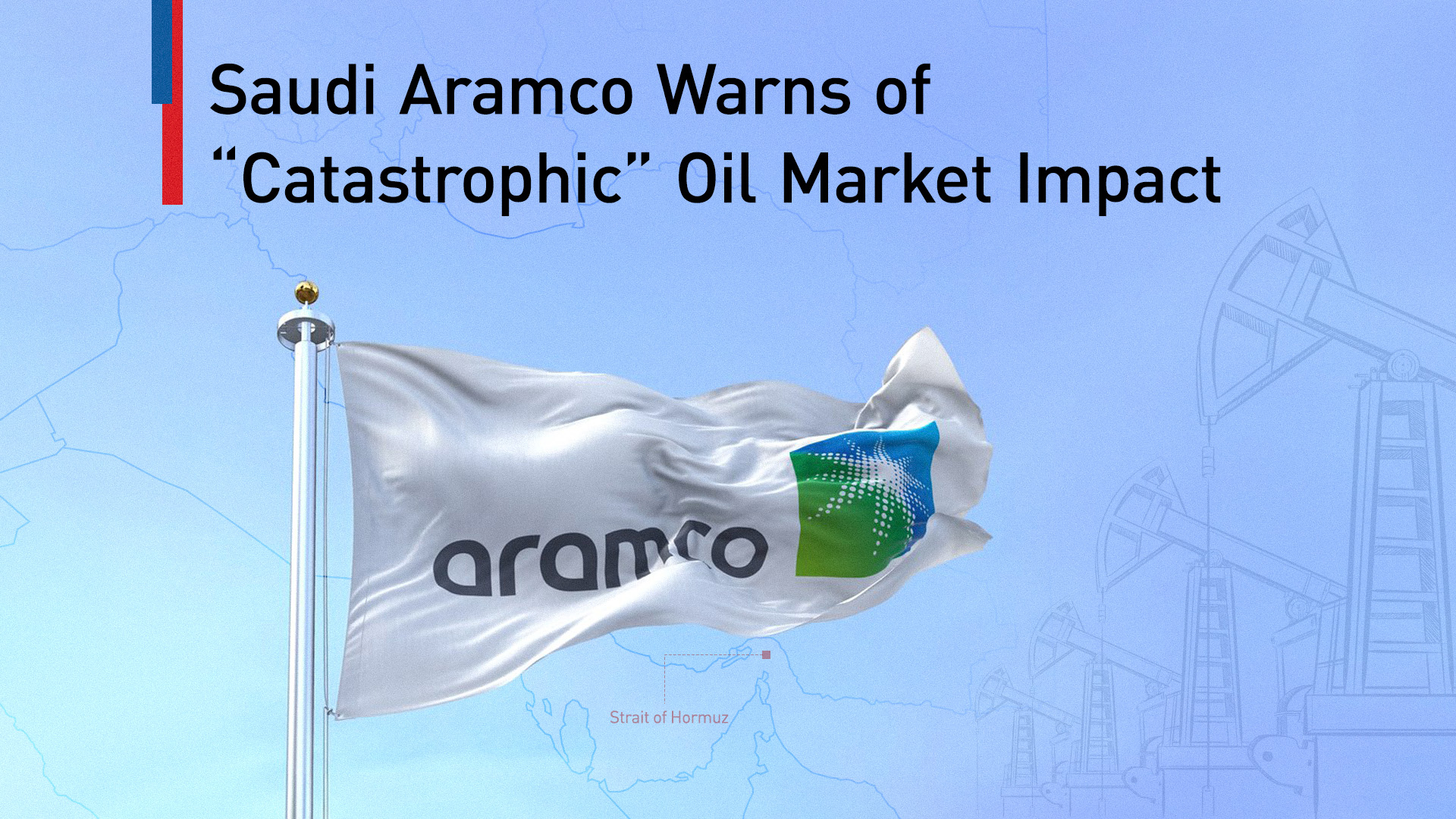 Saudi's Aramco flag against the map of Iran and location of Starit of Hormuz. (Graphics: Kurdistan24)