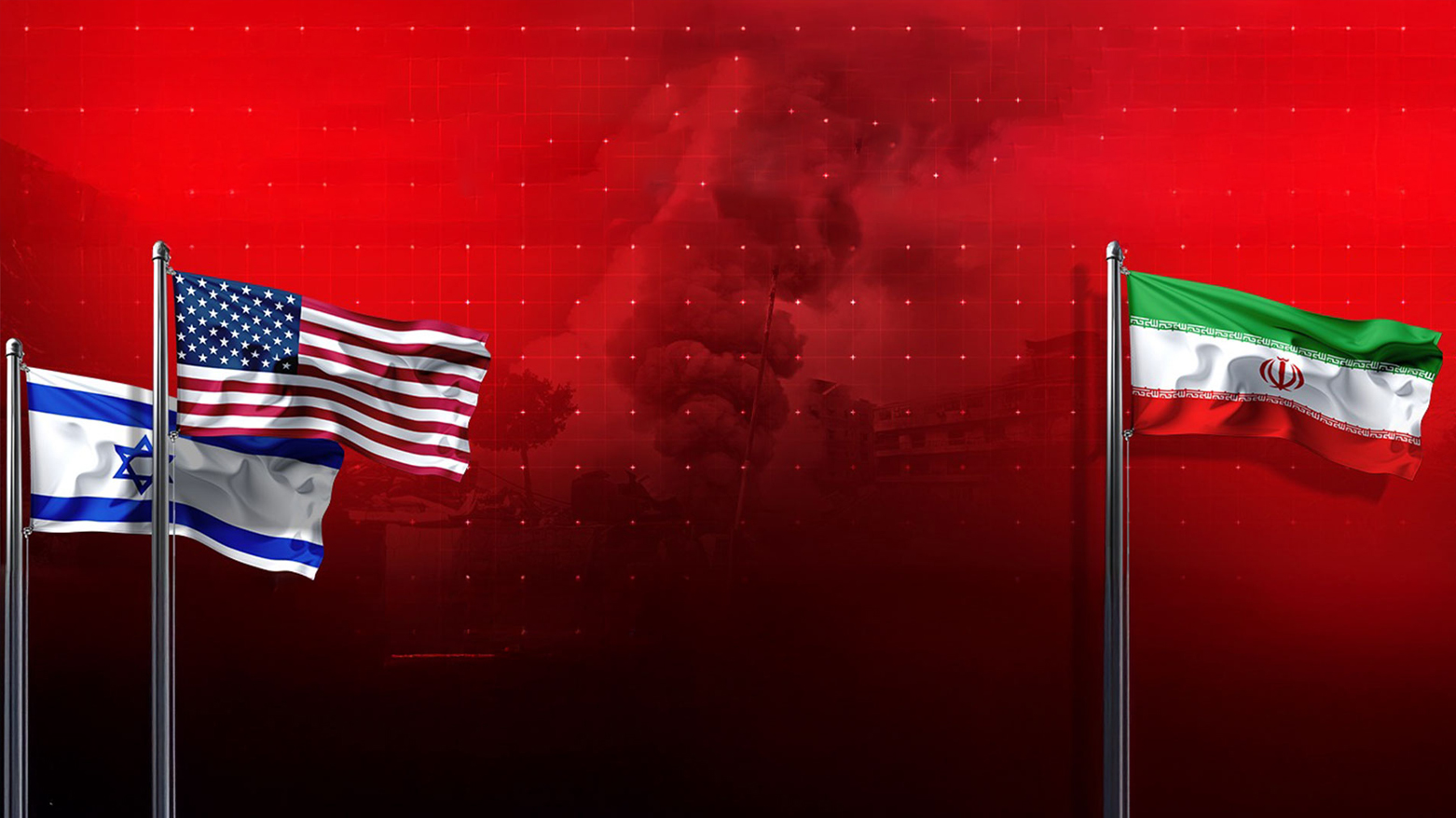 The American and Israeli flags (L), and the Iranian flag (R). (Graphic: Kurdistan24)