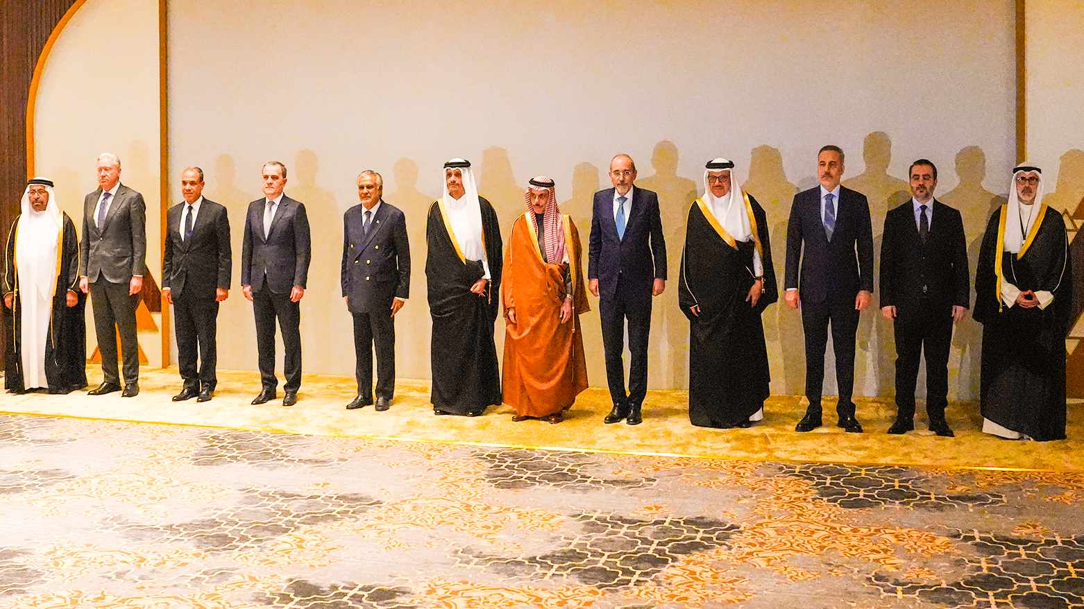 Saudi Foreign Minister Prince Faisal bin Farhan, C, with counterparts at a consultative meeting in Riyadh, March 18, 2026. (AP)