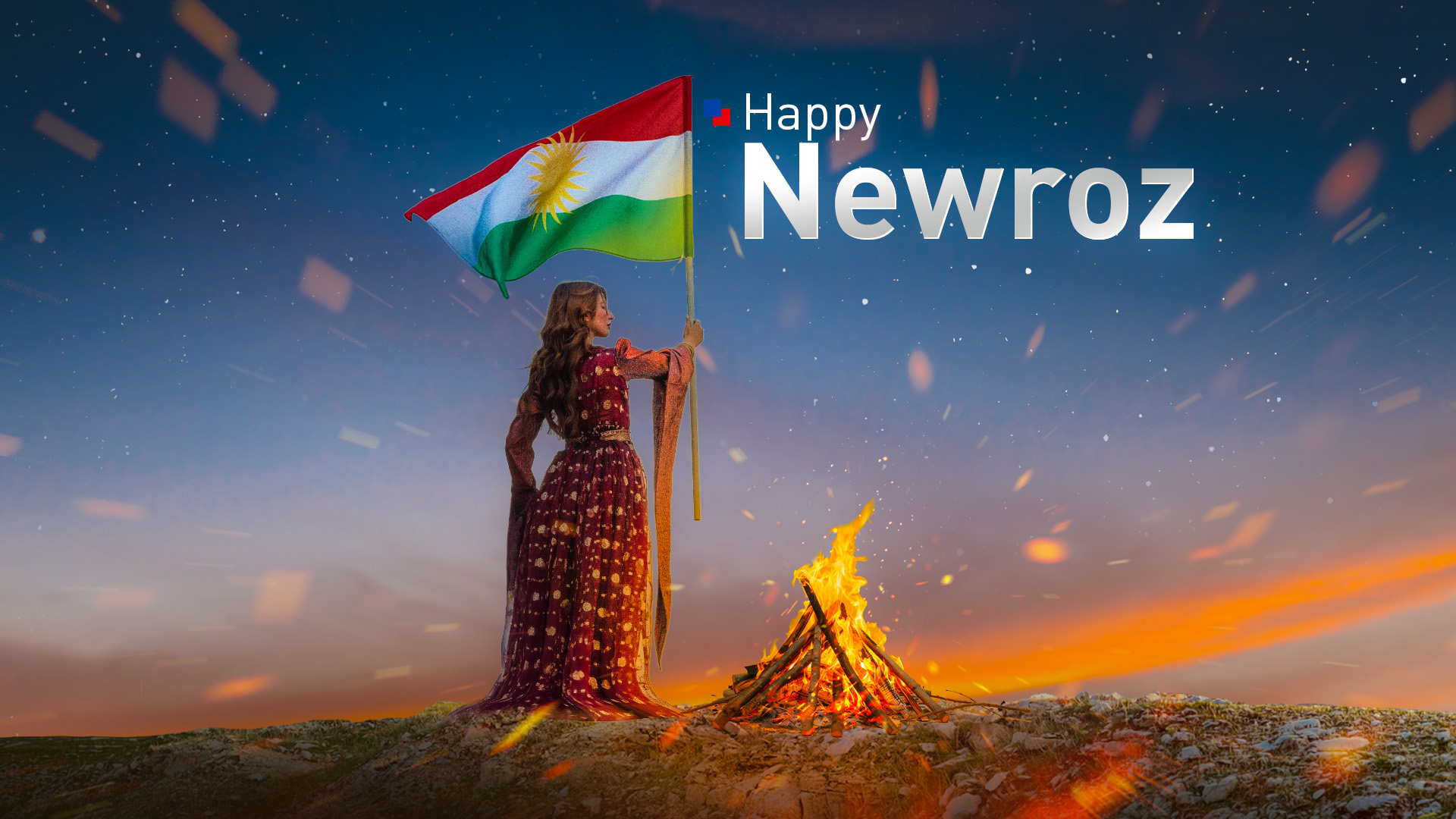 A Kurdish woman dressed in Kurdish clothes holding Kurdistan flag during Newroz celebrations. (Graphics: Kurdistan24)