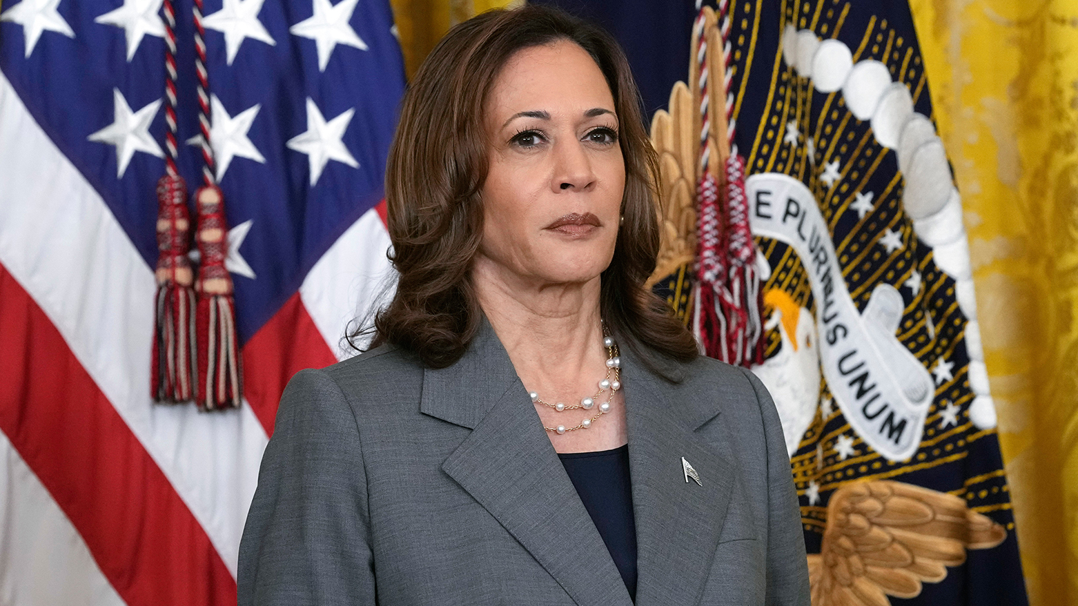 Vice President Kamala Harris listens during an event with President Joe Biden in the East Room of the White House in Washington, Sept. 26, 2024. (AP)