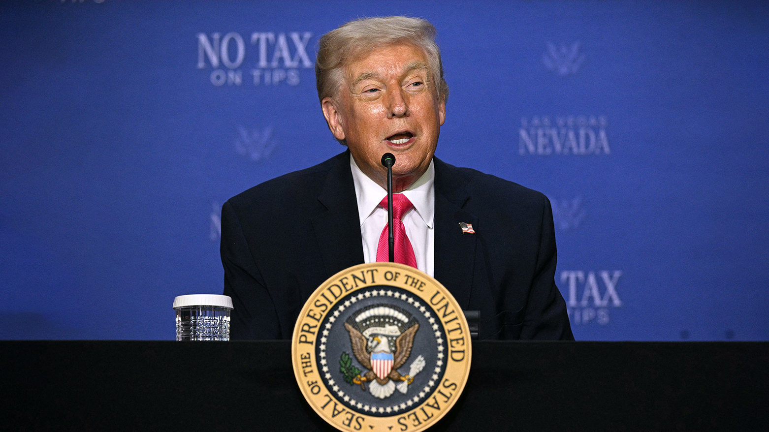 US President Donald Trump speaks during a roundtable discussion on his "no tax on tips" policy at the AC Hotel Las Vegas Symphony Park in Las Vegas, Nevada, on Apr. 16, 2026. (AFP)