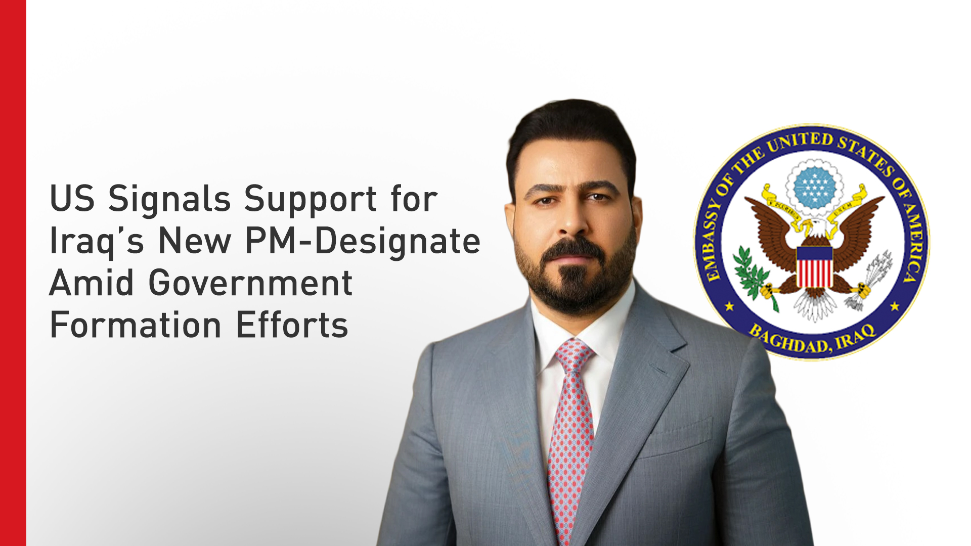 Iraq’s Prime Minister-designate Ali al-Zaidi, and US Embassy Baghdad logo. (Graphics: Kurdistan24)