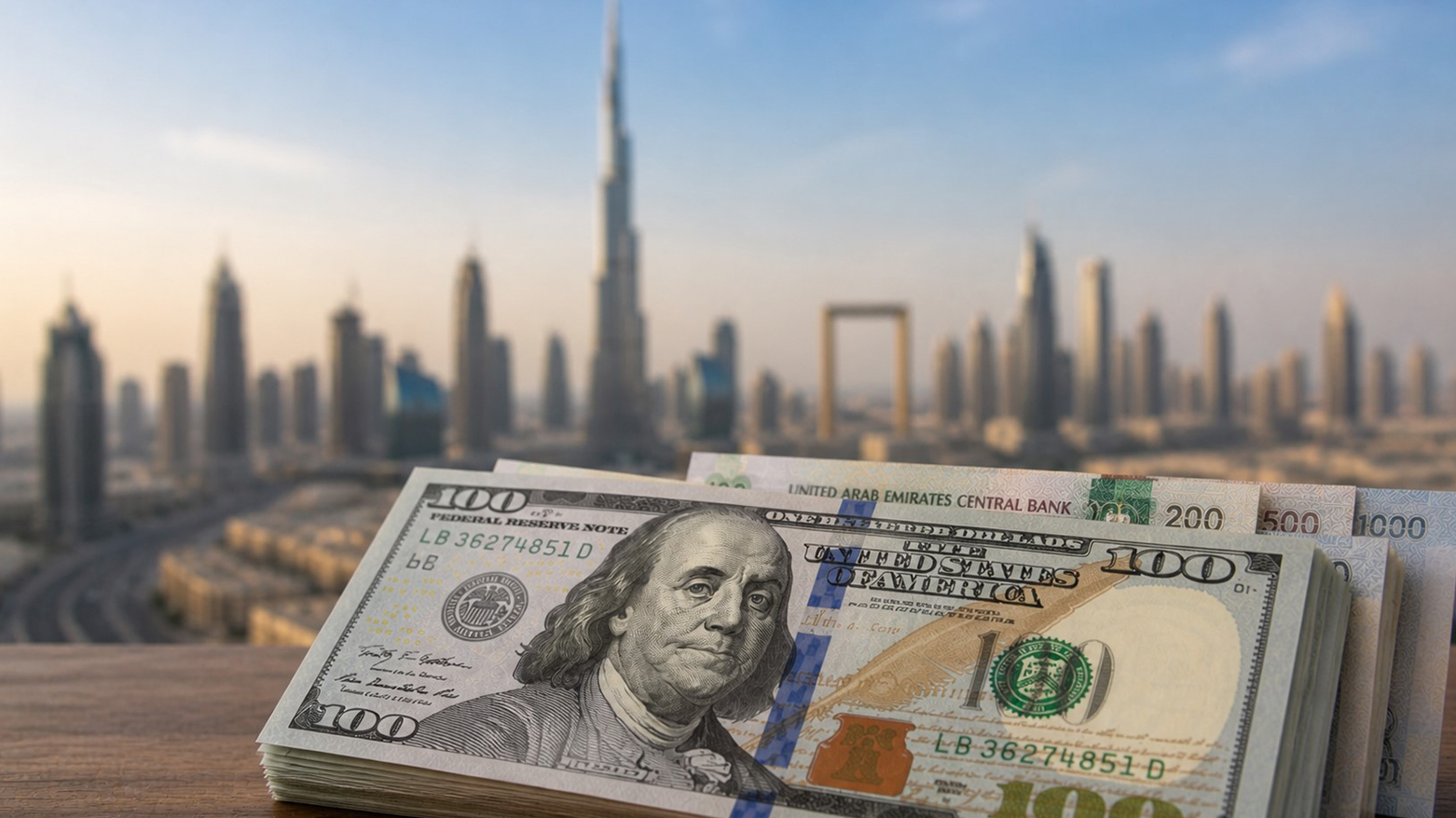 U.S. dollar banknotes in the foreground with UAE dirhams partially visible, set against a blurred skyline of Dubai featuring the Burj Khalifa. (Photo: AI-generated)