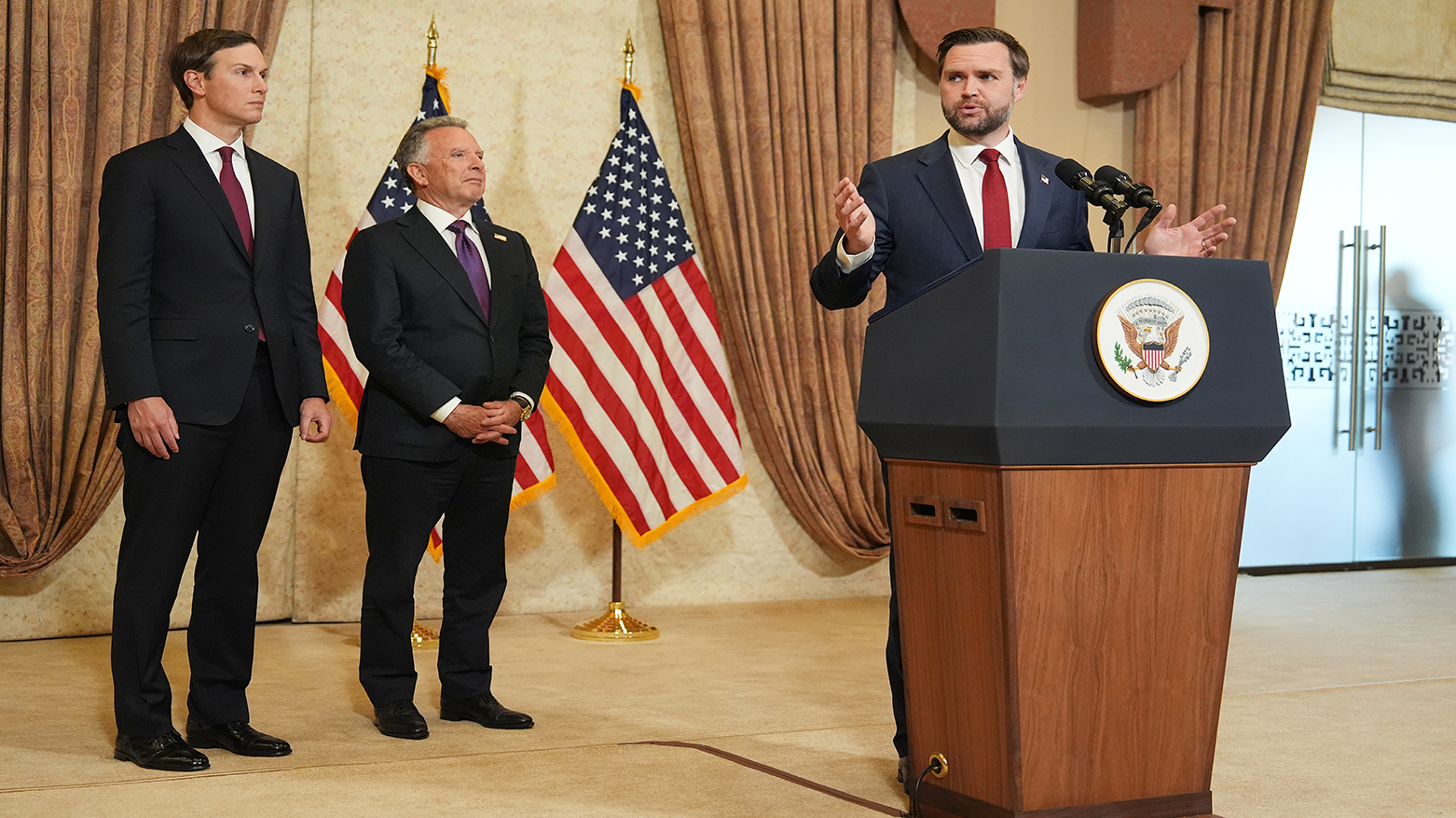 Vice President JD Vance speaks during a news conference after talks with Pakistani and Iranian representatives in Islamabad, Pakistan, on April 12, 2026, as Jared Kushner and U.S. envoy Steve Witkoff listen. (AP)