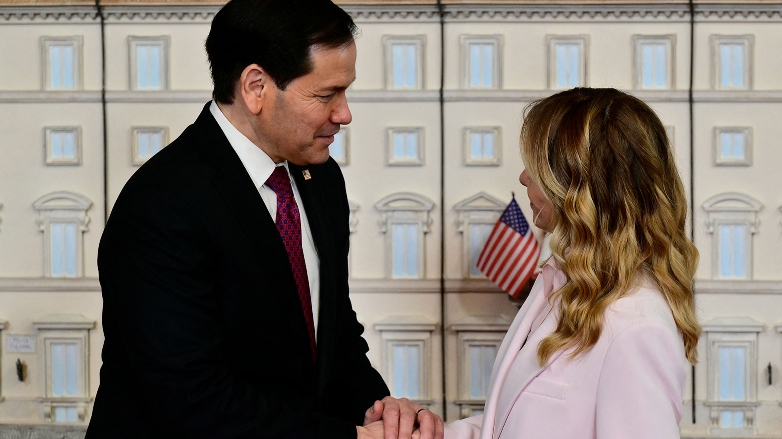 Italy's PM Giorgia Meloni welcomes U.S. Secretary of State Marco Rubio at Palazzo Chigi in Rome on May 8, 2026. (Photo by Stefano RELLANDINI / AFP)