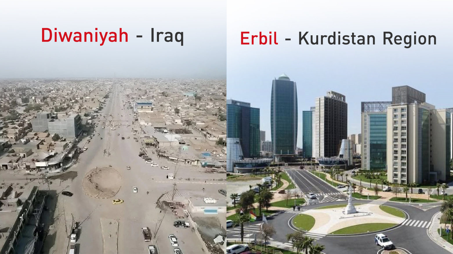 A combo photo showing Diwaniyah in Iraq (L) and Erbil in the Kurdistan Region. (Graphic: Kurdistan24)