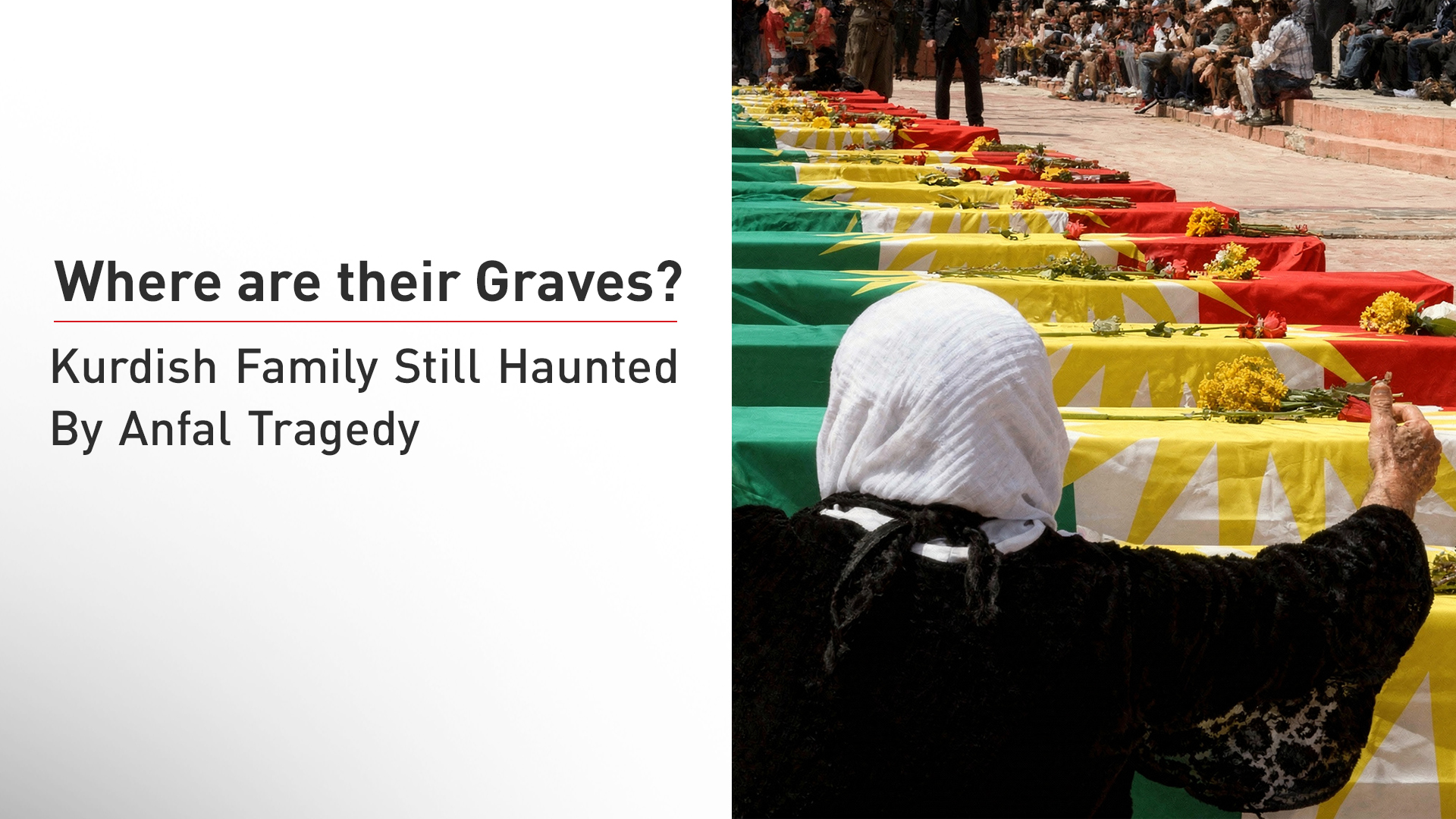 An elderly woman stands in front of the coffins of those killed in the Anfal campaign. (Graphic: Kurdistan24)