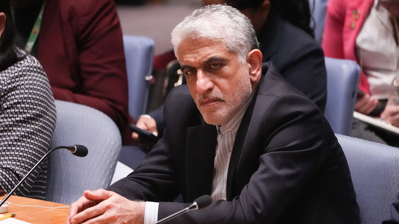 Iranian Ambassador to the UN Amir-Saeid Iravani looks on during the Security Council meeting on the situation in the Middle East at the UN HQ, Oct 2, 2024 in New York. (AFP)