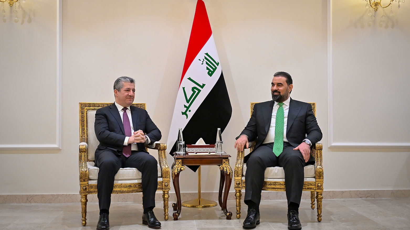 Kurdistan Region Prime Minister Masrour Barzani (L) met with Iraqi Parliament Speaker Haibat al-Halbousi in Baghdad on Saturday, May 23, 2026. (Photo: KRG)