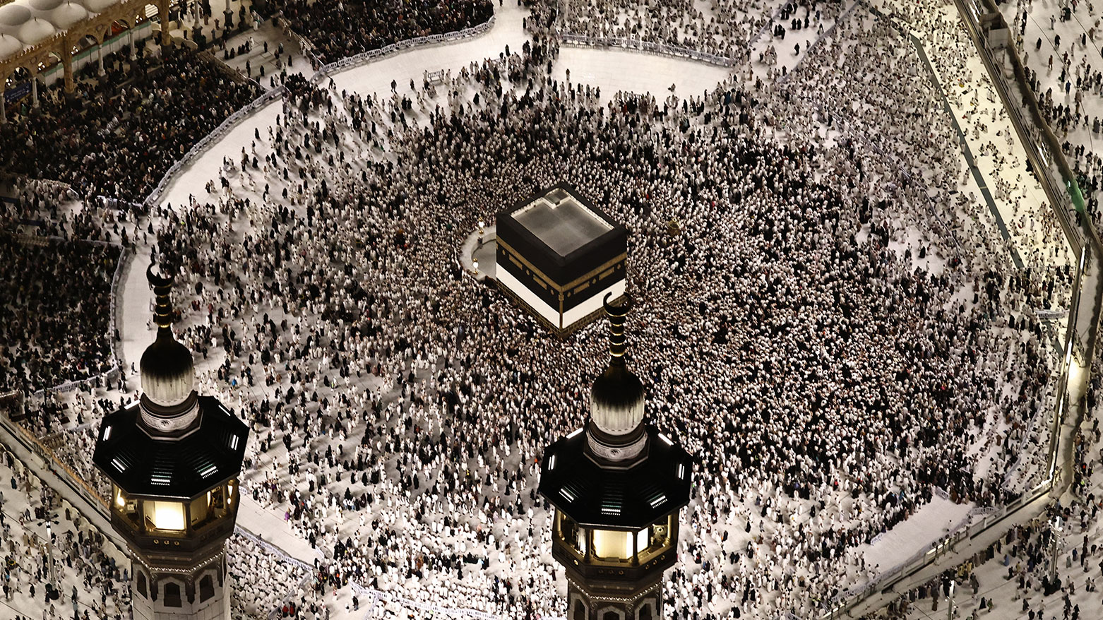 This aerial view shows the Grand Mosque complex in Mecca, as Muslims perform the evening prayer around the Kaaba, Islam's holiest shrine, on May 24, 2026, ahead of the annual Hajj pilgrimage. (AF)