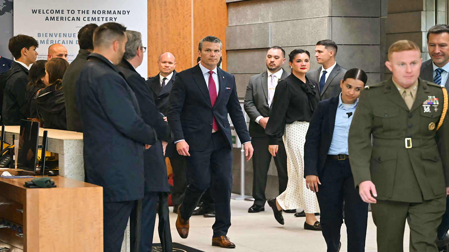 US Secretary of War Pete Hegseth (C) arrives to attend a ceremony marking the 82nd anniversary of the D-Day landings at the Normandy American Cemetery in Colleville-sur-Mer, France, June 6, 2026. (AFP)