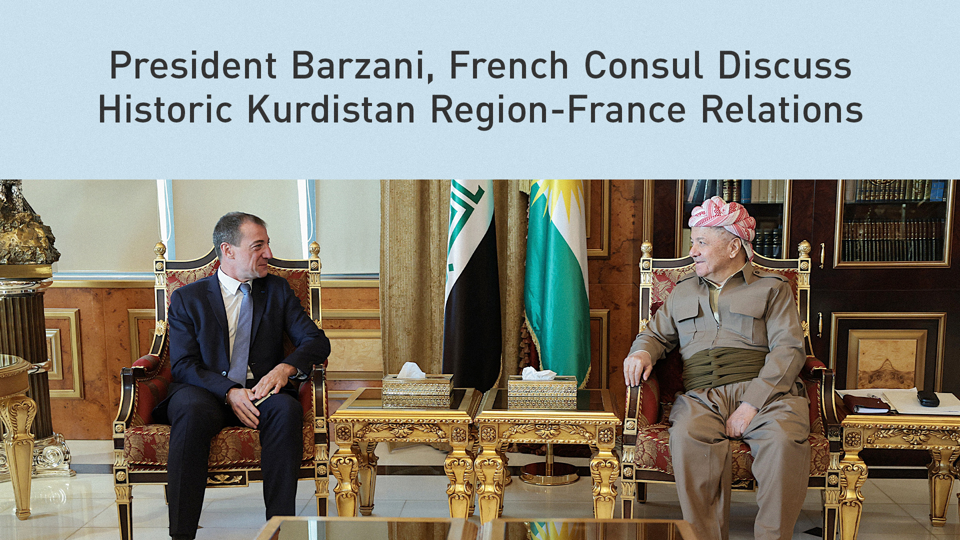 President Masoud Barzani (right) during his meeting with Yann Braem, the French Consul in Erbil, June 9, 2026. (Photo: Designed by Kurdistan24)