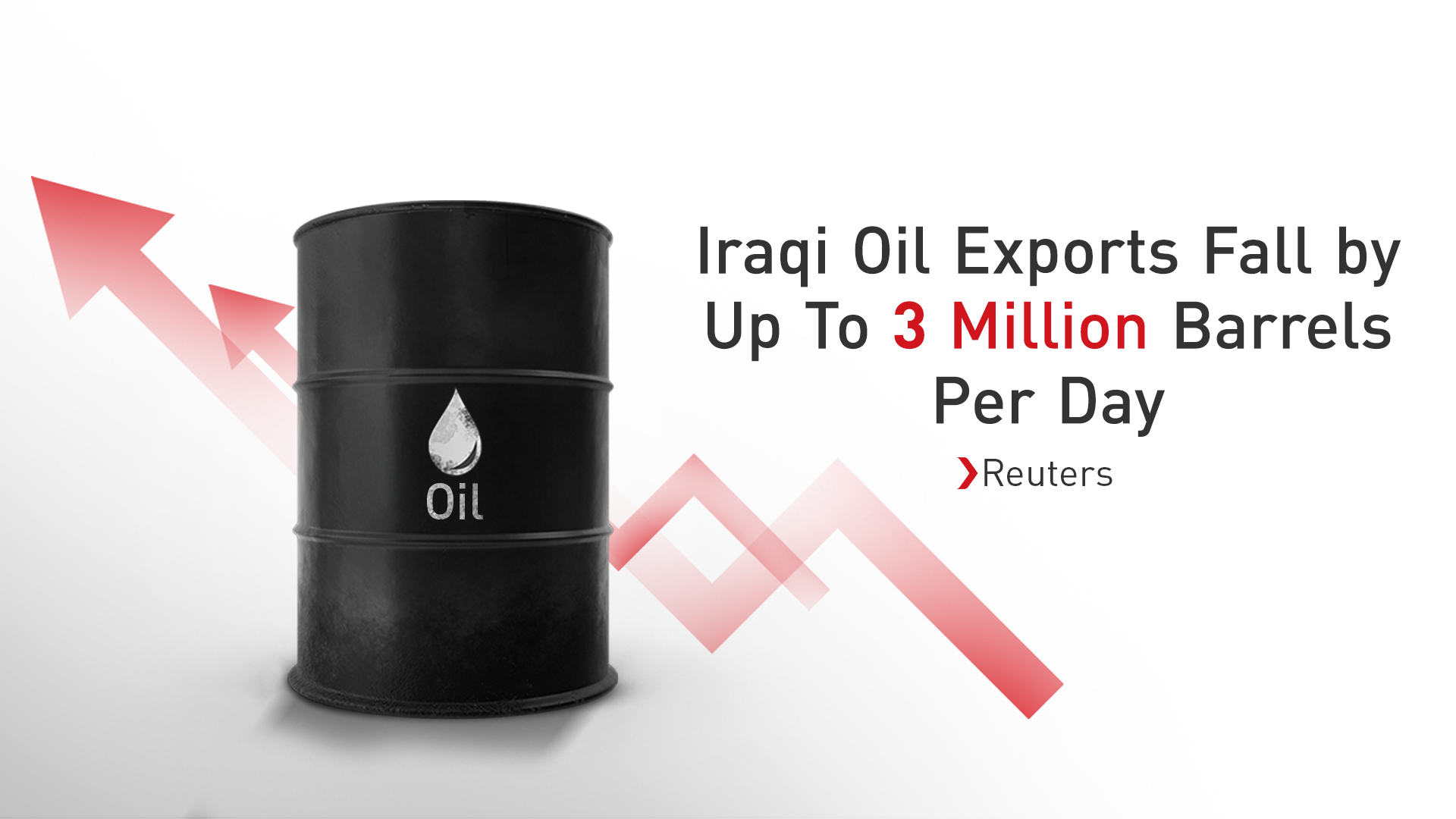 Graphic illustrating a drop in oil volumes with a black barrel and a declining market trend line. (Graphic: Kurdistan24)