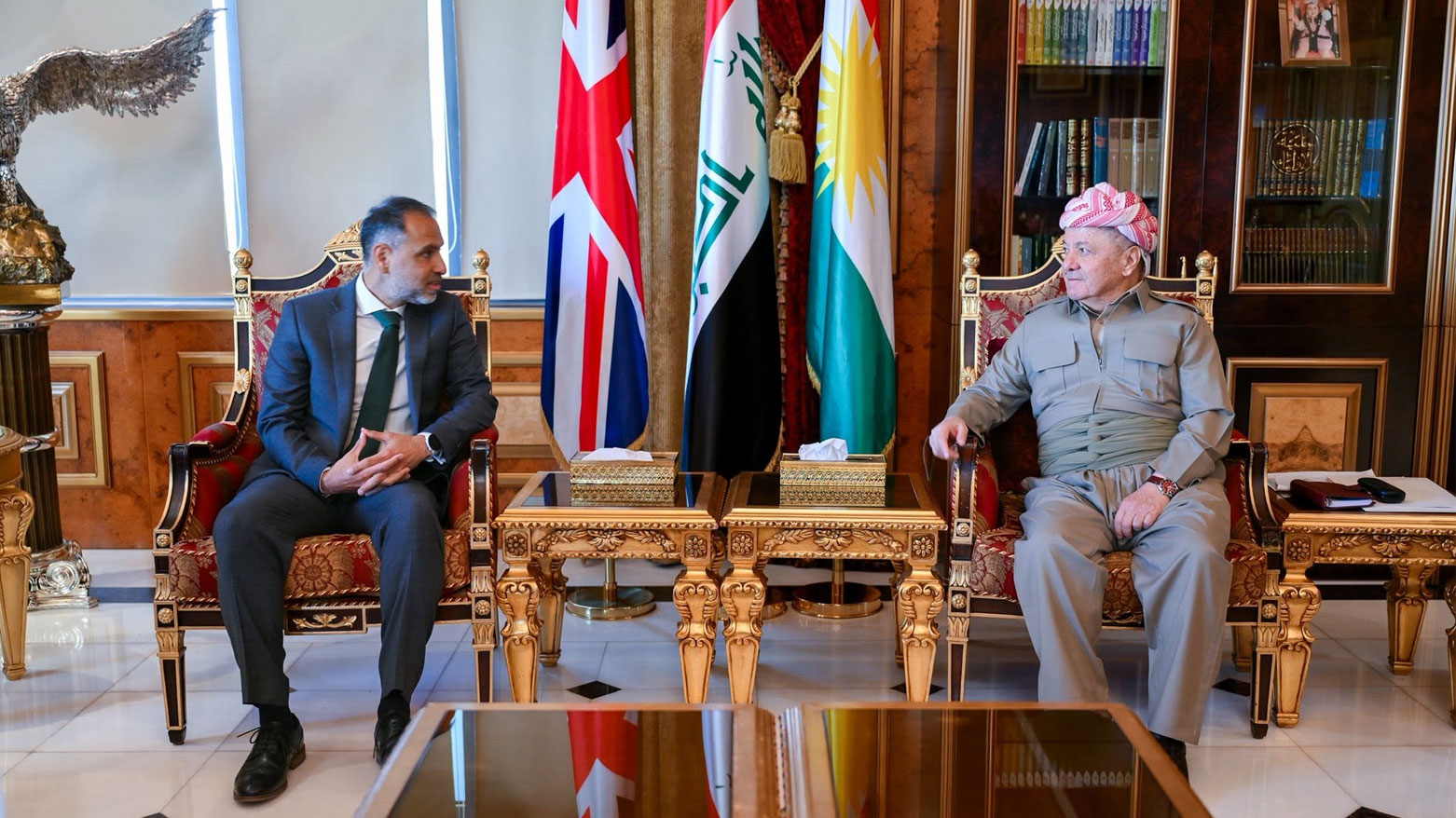 President Masoud Barzani (right) during his meeting with Irfan Siddiq, the British Ambassador to Iraq, June 15, 2026. (Photo: Barzani Headquarters)