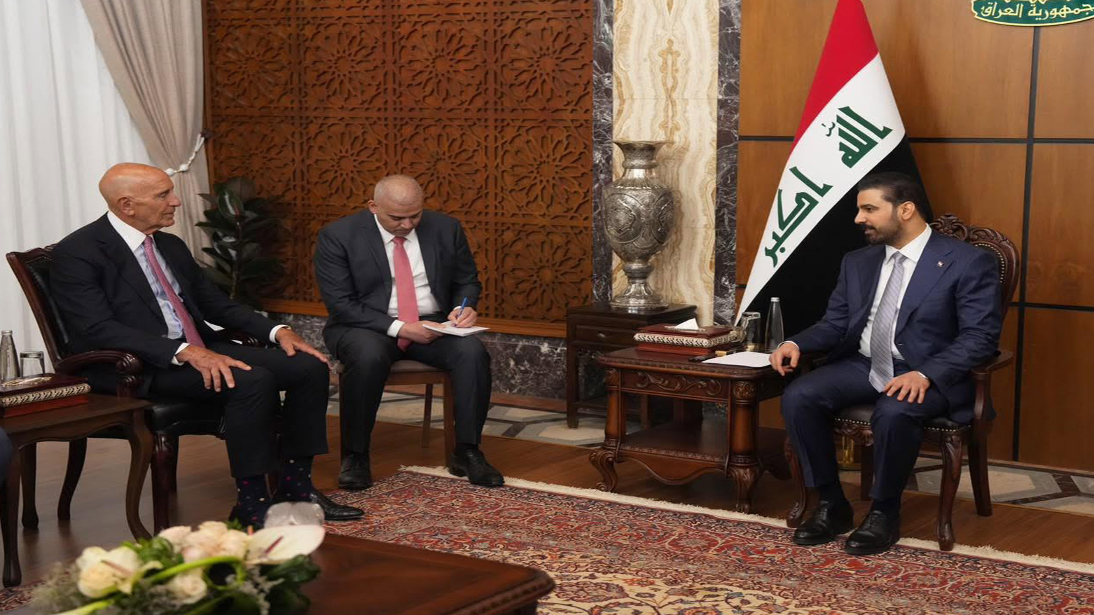 Iraqi Prime Minister Ali Faleh al-Zaidi, (1st - R), and U.S. Presidential Special Envoy Tom Barrack (1st - L), June 16, 2026. (GOI)
