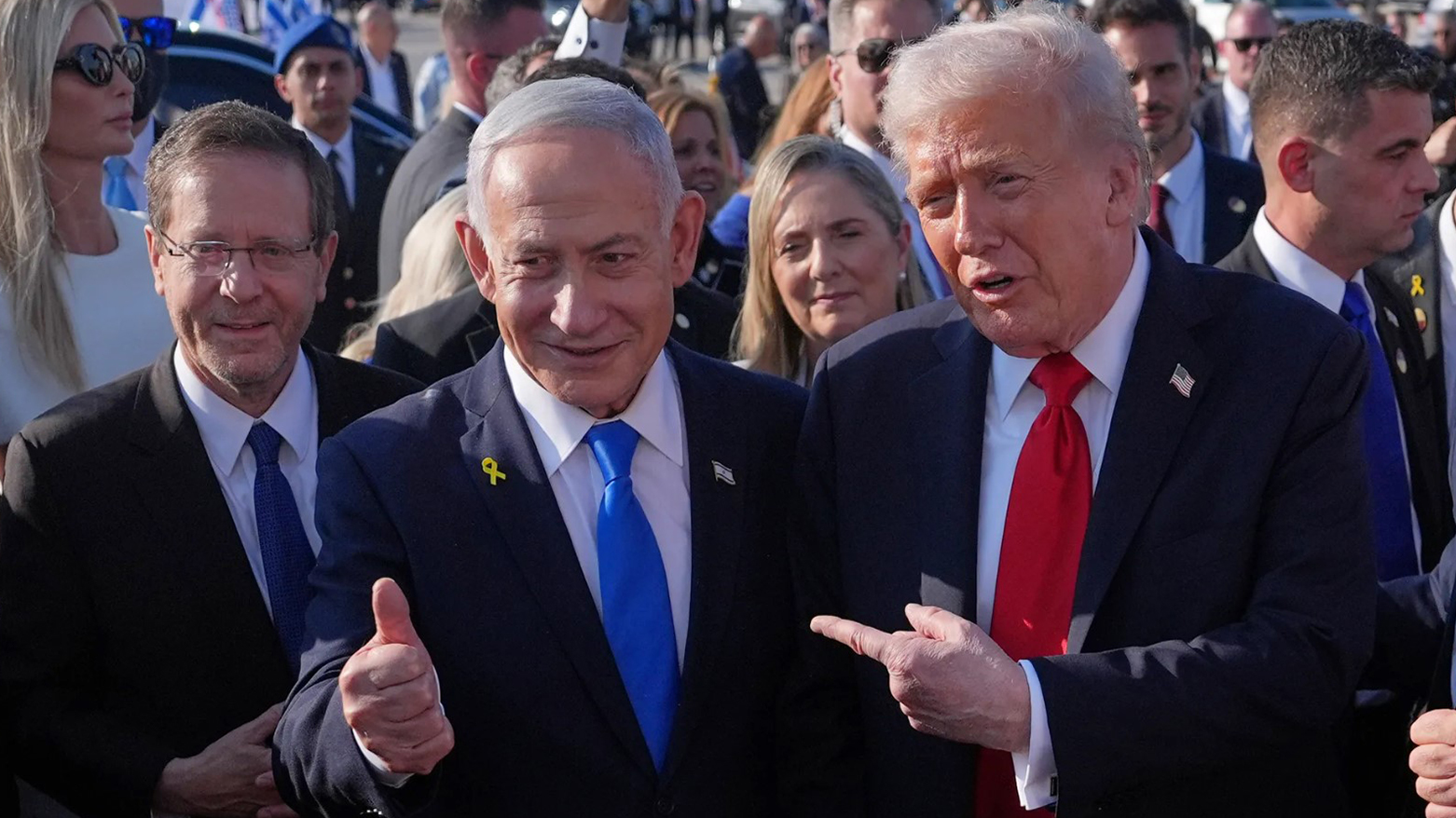 President Donald Trump poses for a photo with Israel's Prime Minister Benjamin Netanyahu before he boards Air Force One at Ben Gurion International Airport, Oct. 13, 2025. (AP)