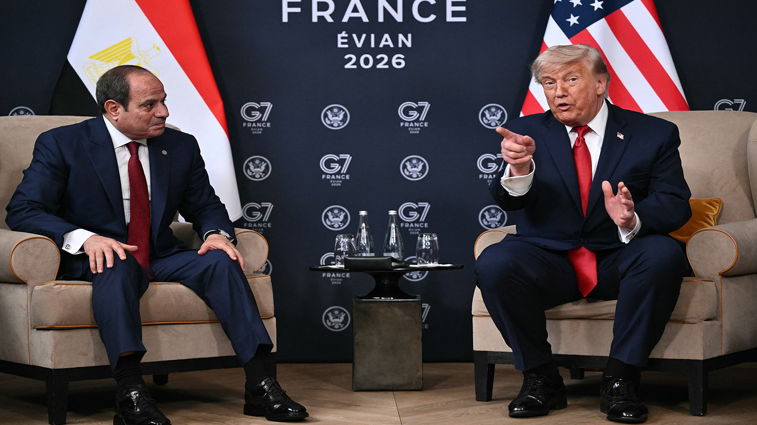 Egypt's President Abdel Fattah El-Sisi (L) and US President Donald Trump attend a bilateral meeting on the sidelines of the G7 summit, in Evian, eastern France, on June 17, 2026. (AFP)