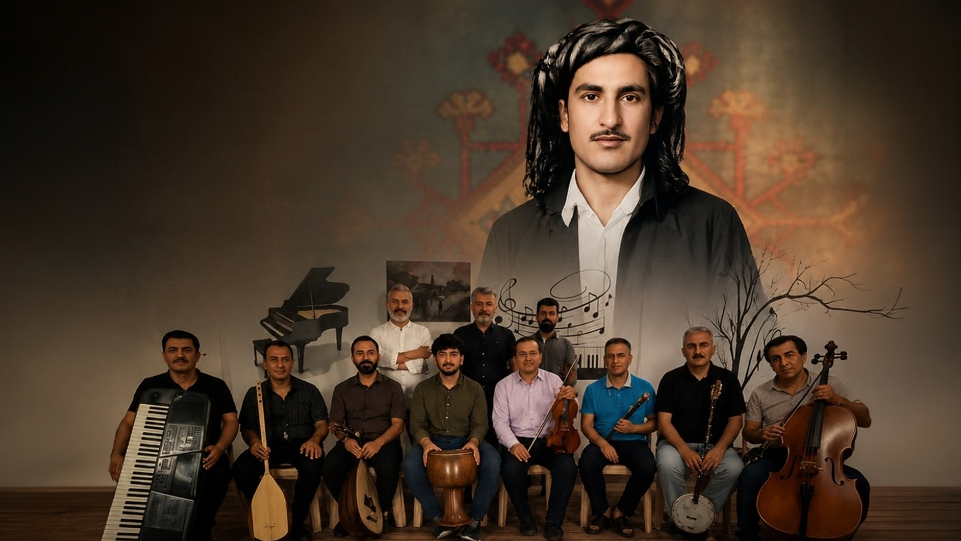 The band performing at "A Melody from Sulaimani to the Nalashkina mountain" concert, with Hasan Zirak in the background. (Photo: the concert's Social Media)